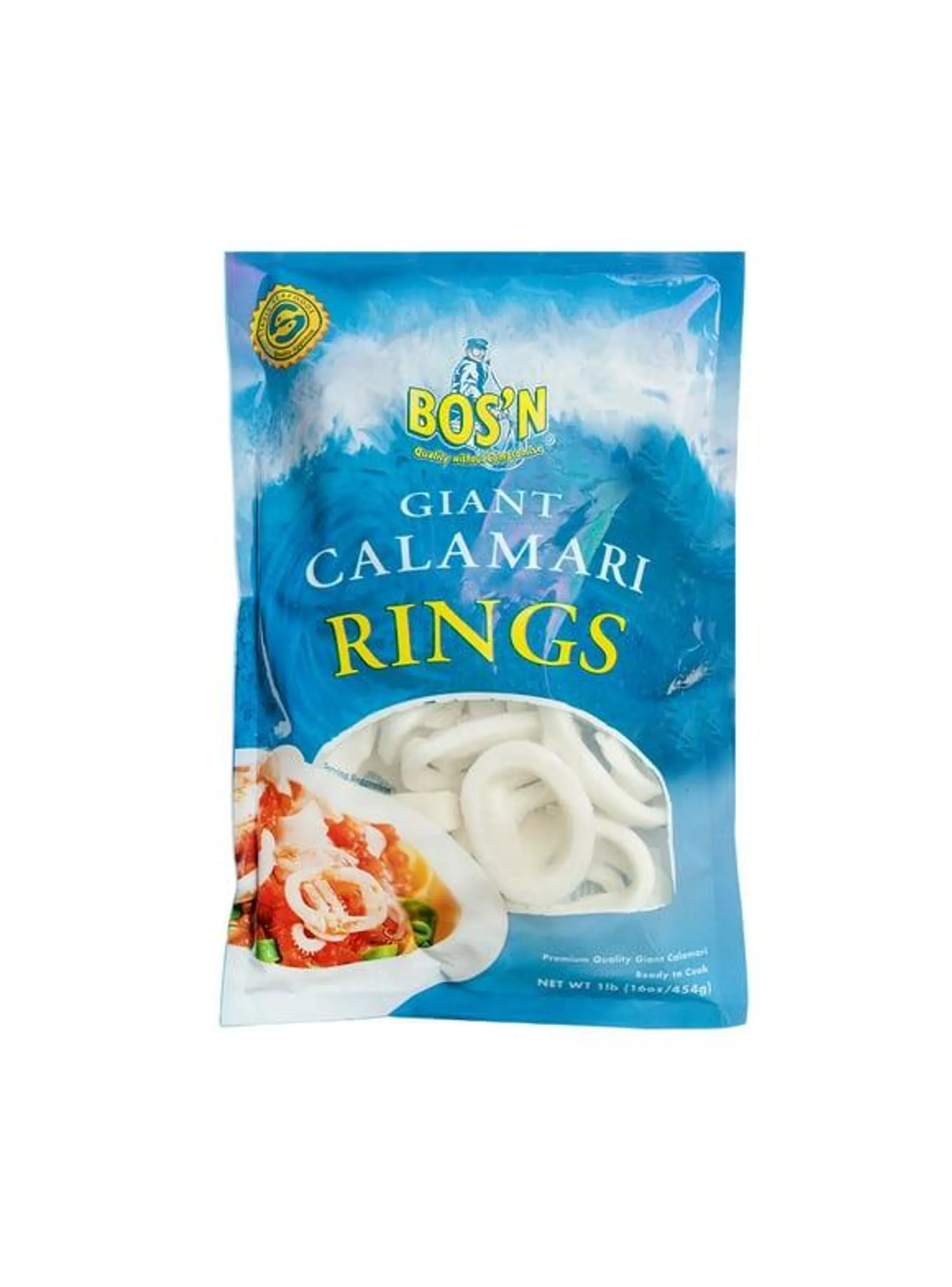 Bosn Frozen Seafood Raw Giant Calamari Rings, 1 lb. Fully Cleaned and Ready-to-Cook. 14g Protein per Serving. Contains: Squid.