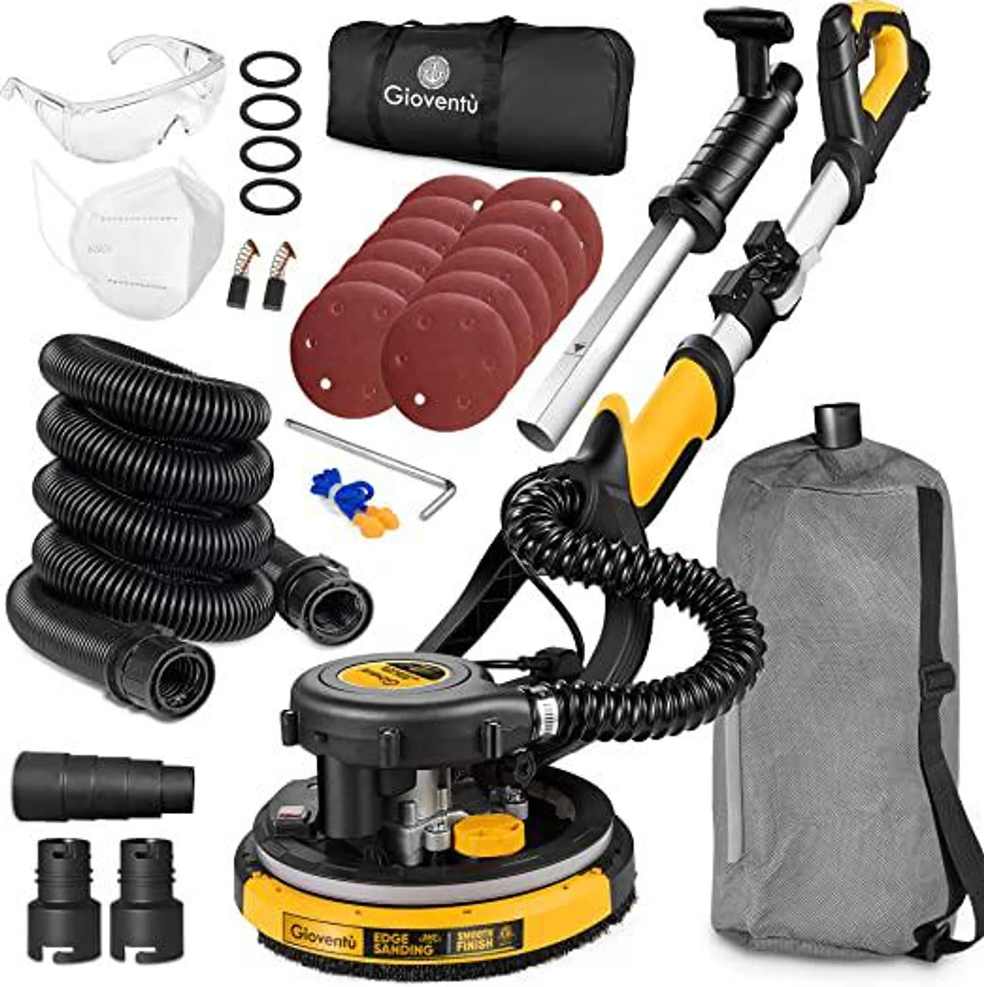 Drywall Sander, 6.5-amp Powerful Electric Drywall Sander with Vacuum, Auto Dust Absorption, 7 Variable Speed 900-1800RPM, Dustless Floor Sander with 26’ Power Cord for Popcorn Ceiling, Wood Floor etc