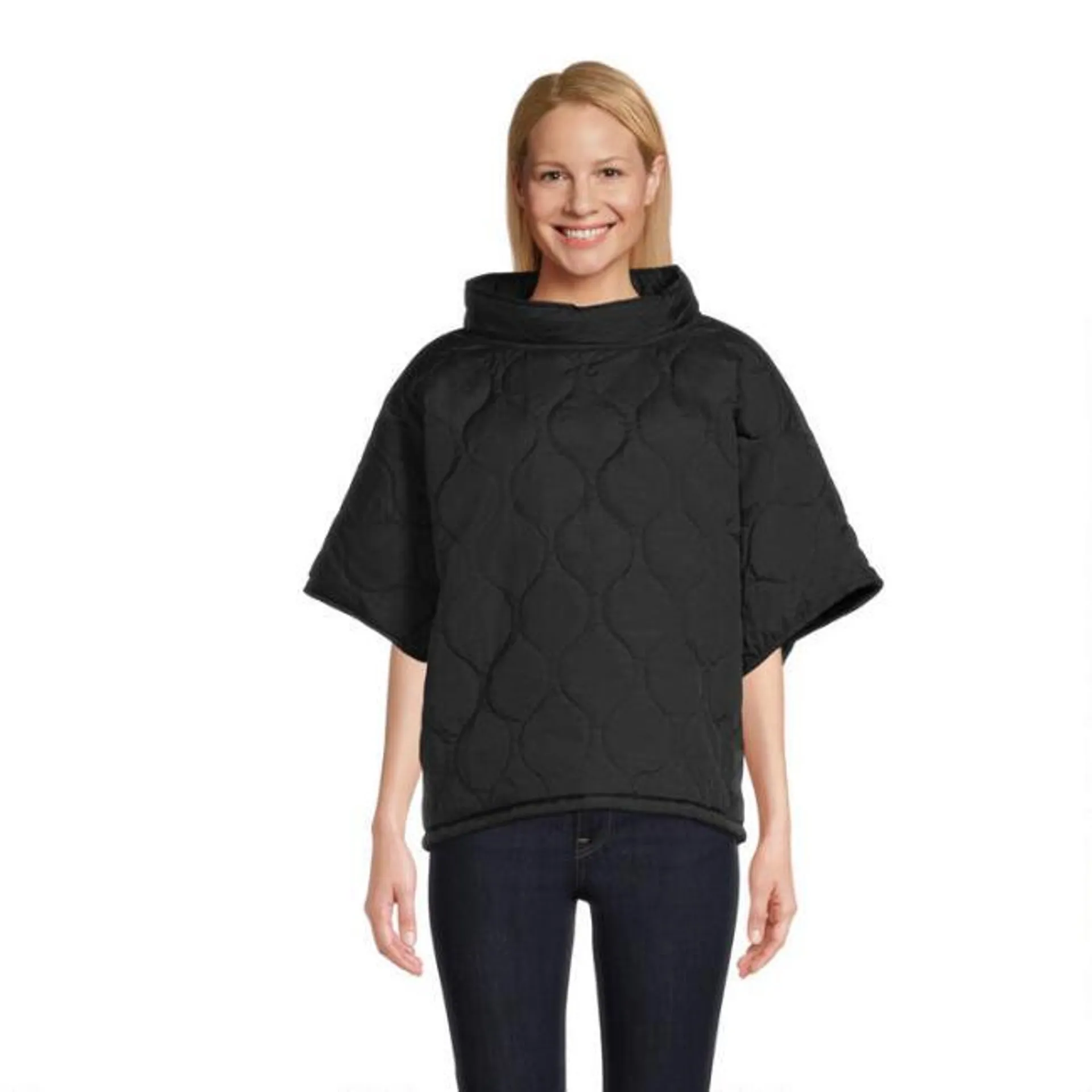 Black Quilted Fleece Funnel Neck Cecil Poncho