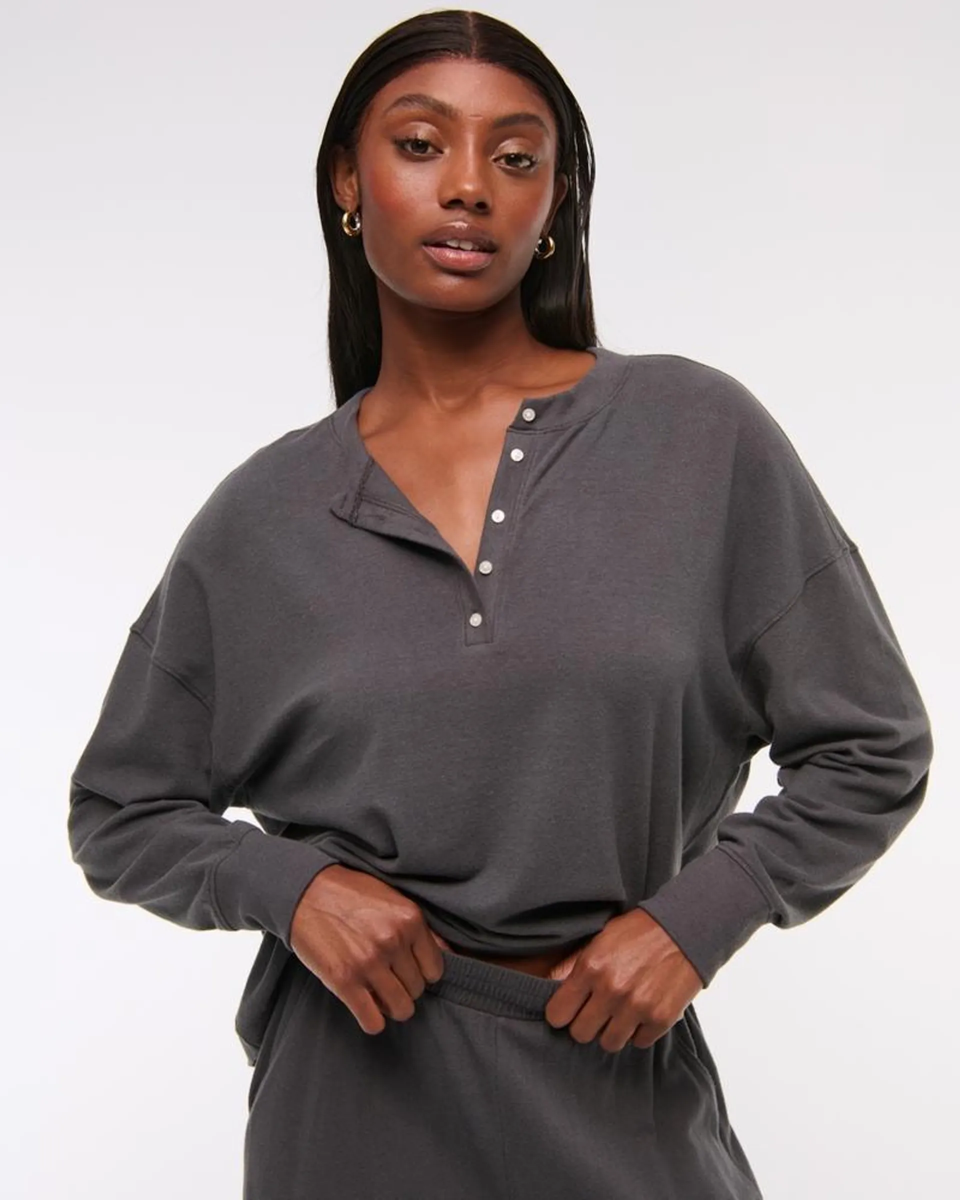 Long-Sleeve Cozy Lounge Knit Oversized Henley Top