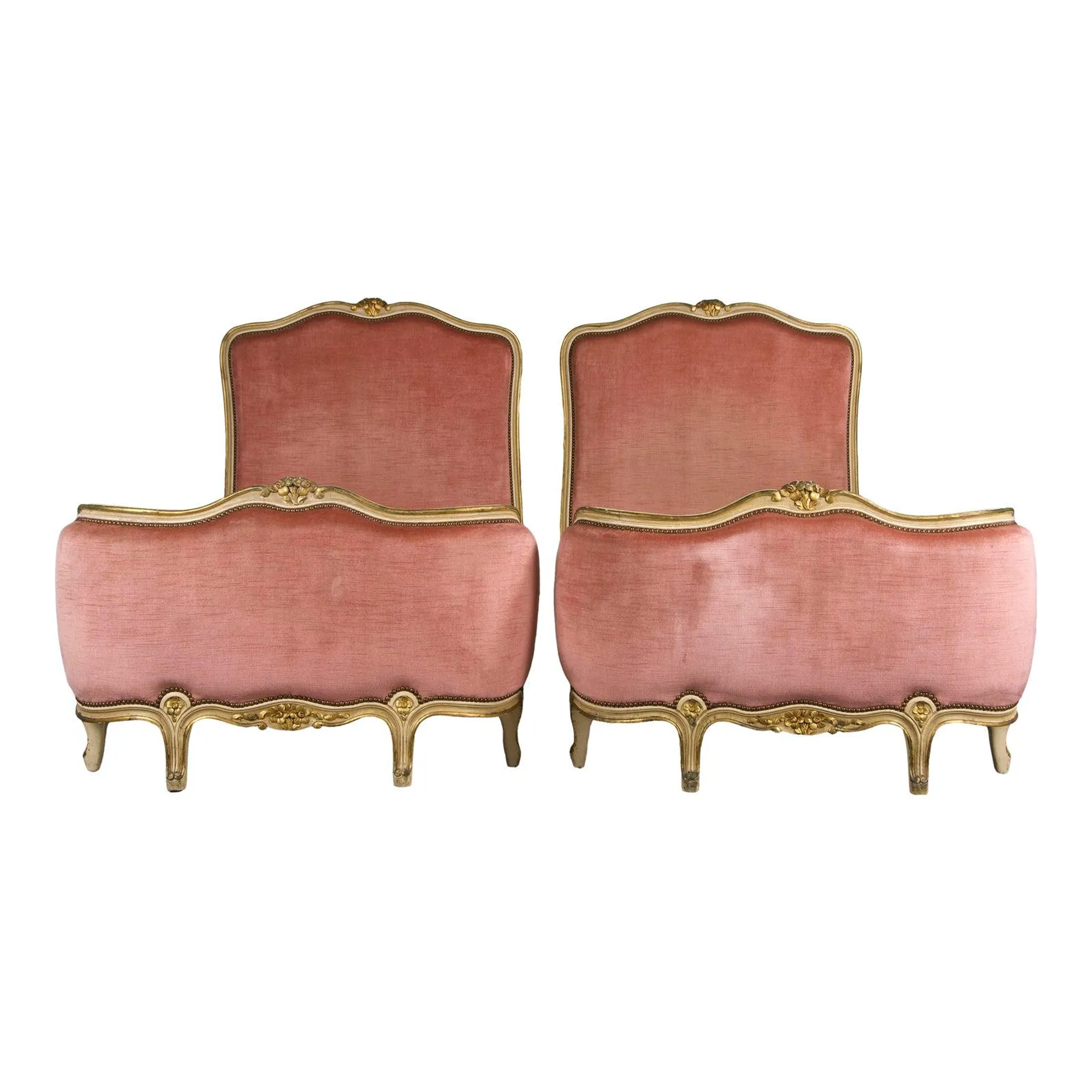 French Louis XV Style Painted Twin Size Bedframes W/ Rose Velvet - a Pair