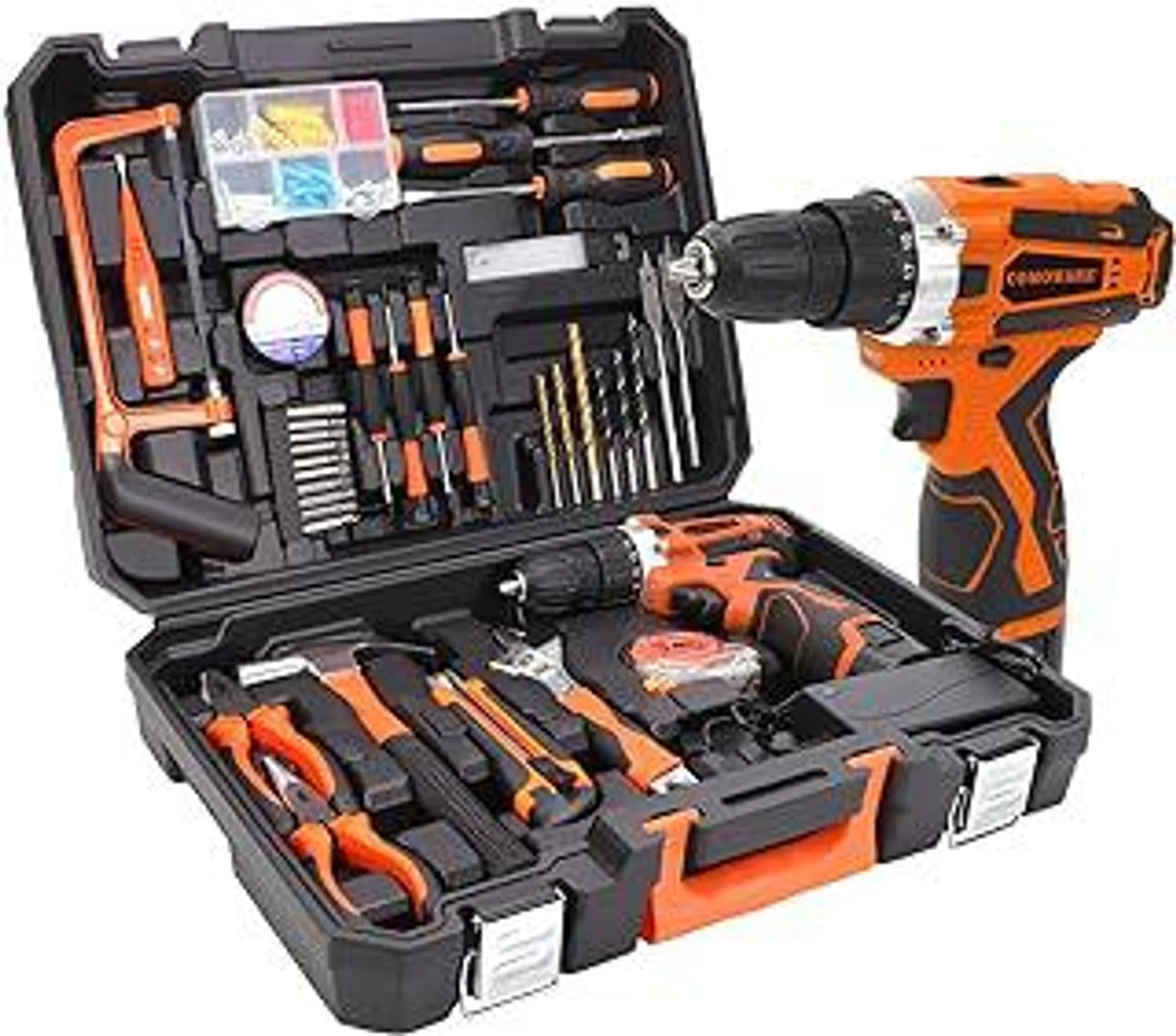 153 Pcs Home Tool Kit with Drill, Tool Set with Drill, 16.8V Cordless Drill Combo Kit, 1.5 Ah Li-ion Battery, 25+1 Clutch, Drill Tool Set for Homeowners, Household Tool Set for Home Repair