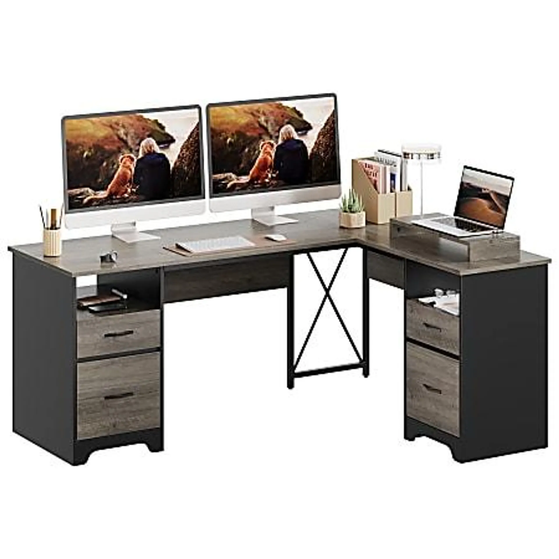 Bestier 63"W L-Shaped Corner Executive Desk With Monitor Stand & Open Storage, Gray