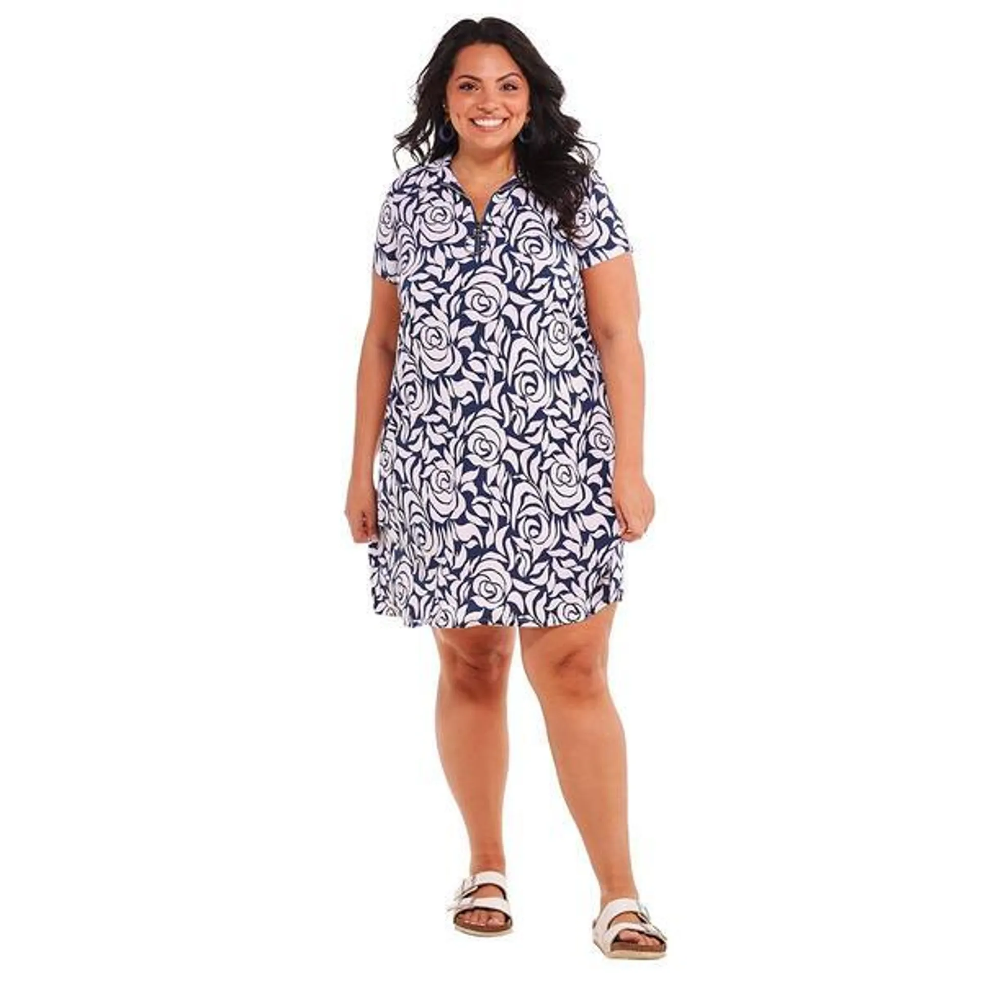 Plus Size MSK Short Sleeve Floral Half Zip Neck Shift Dress