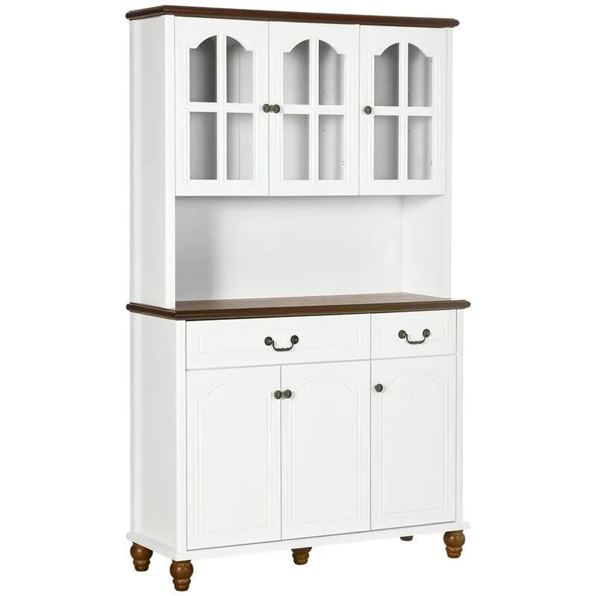 White Kitchen Hutch: Freestanding Pantry with 6 Doors & 2 Drawers