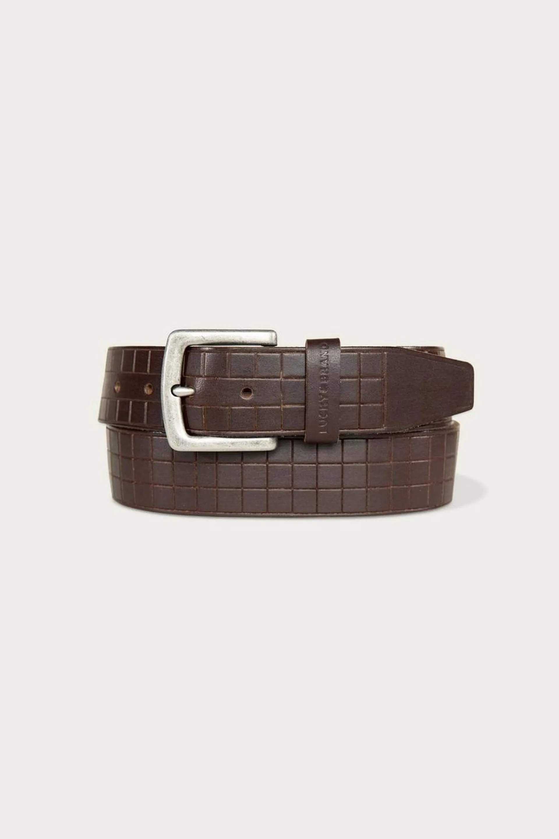 grid tooled embossed leather belt