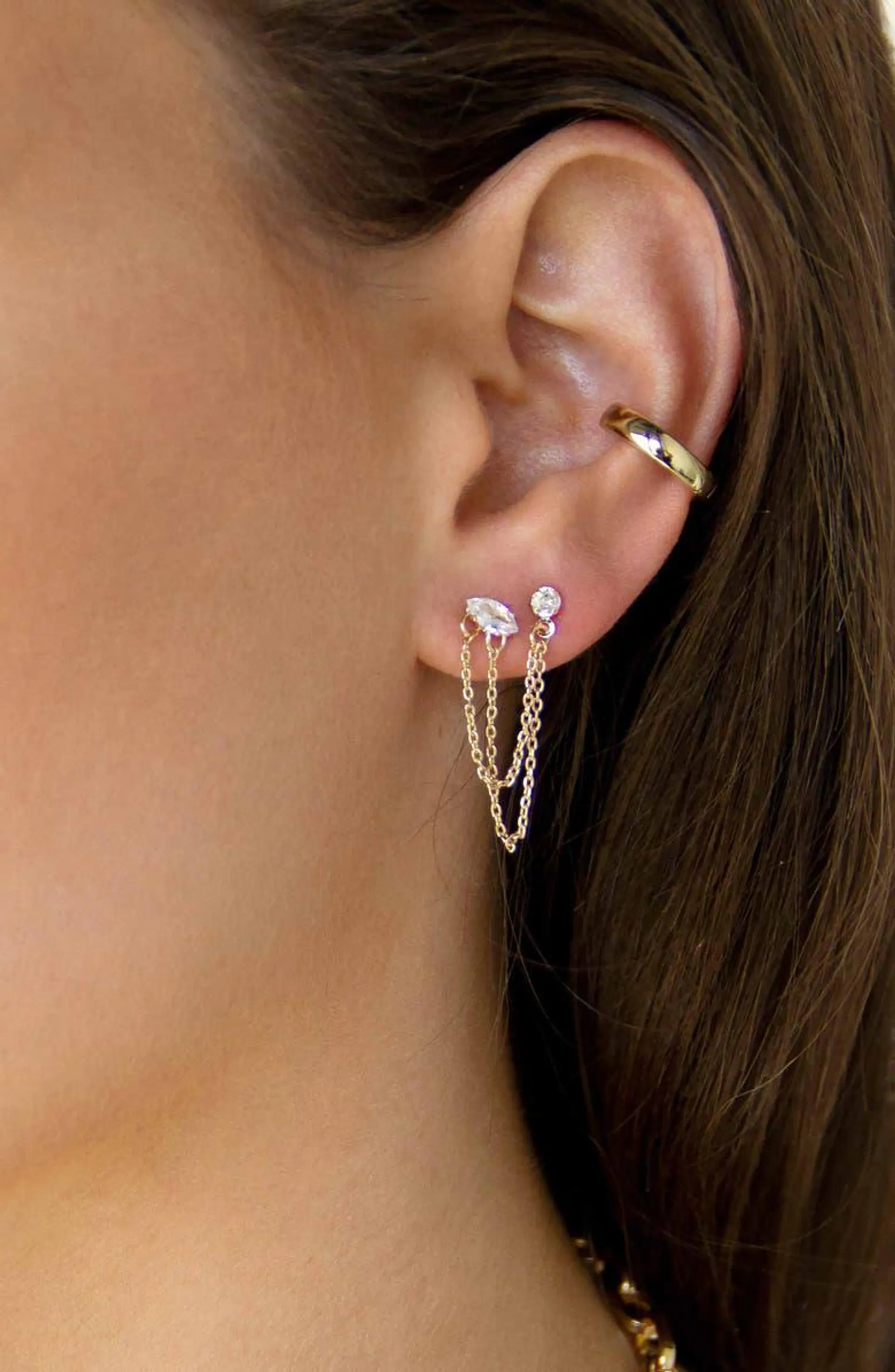 Double Piercing Chain Drop Earrings