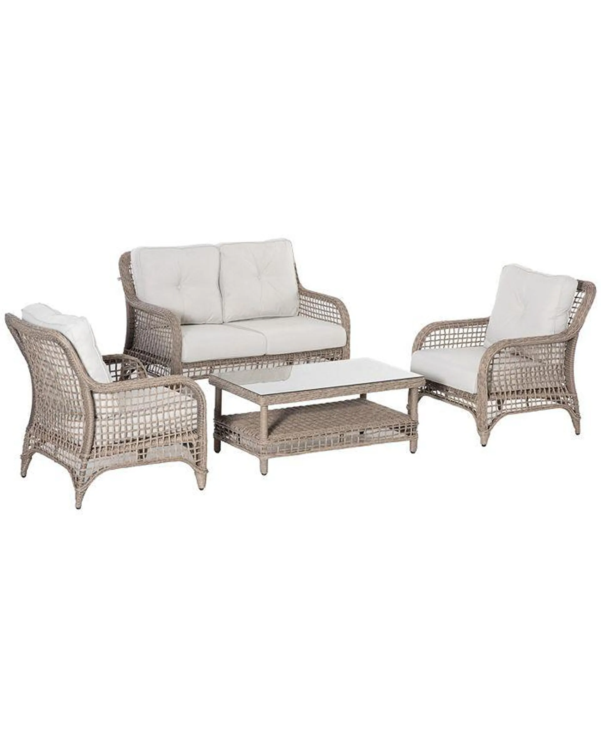 4pc Outdoor Patio Furniture Set, 2 Plastic Rattan Chairs, 1 PE Wicker Loveseat Sofa, 1 2-Tier Center Coffee Table w/ Tempered Glass Table-Top, Soft Cushions for Backyard, Garden, Cream White