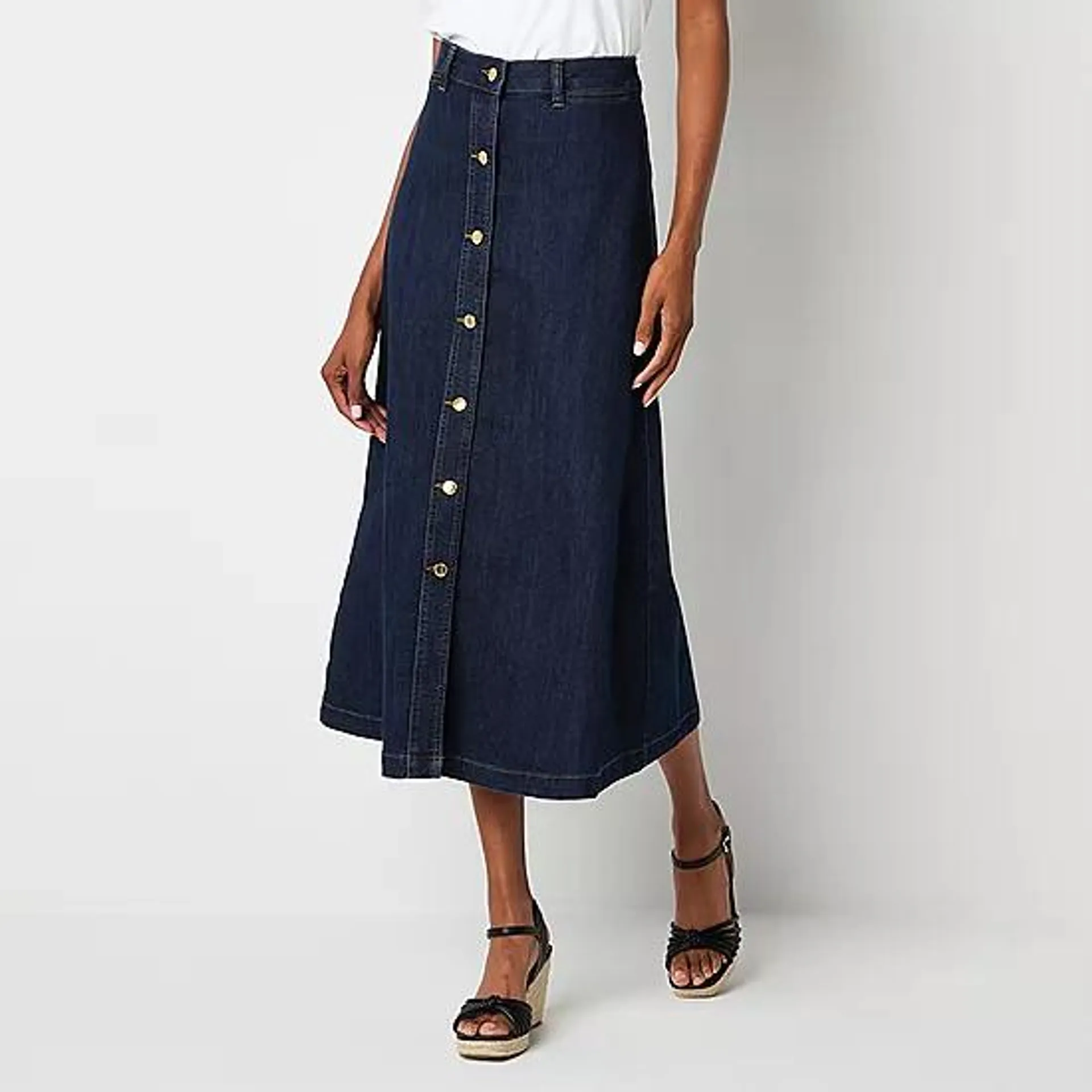 new! Liz Claiborne Womens Mid Rise Midi Denim Skirt