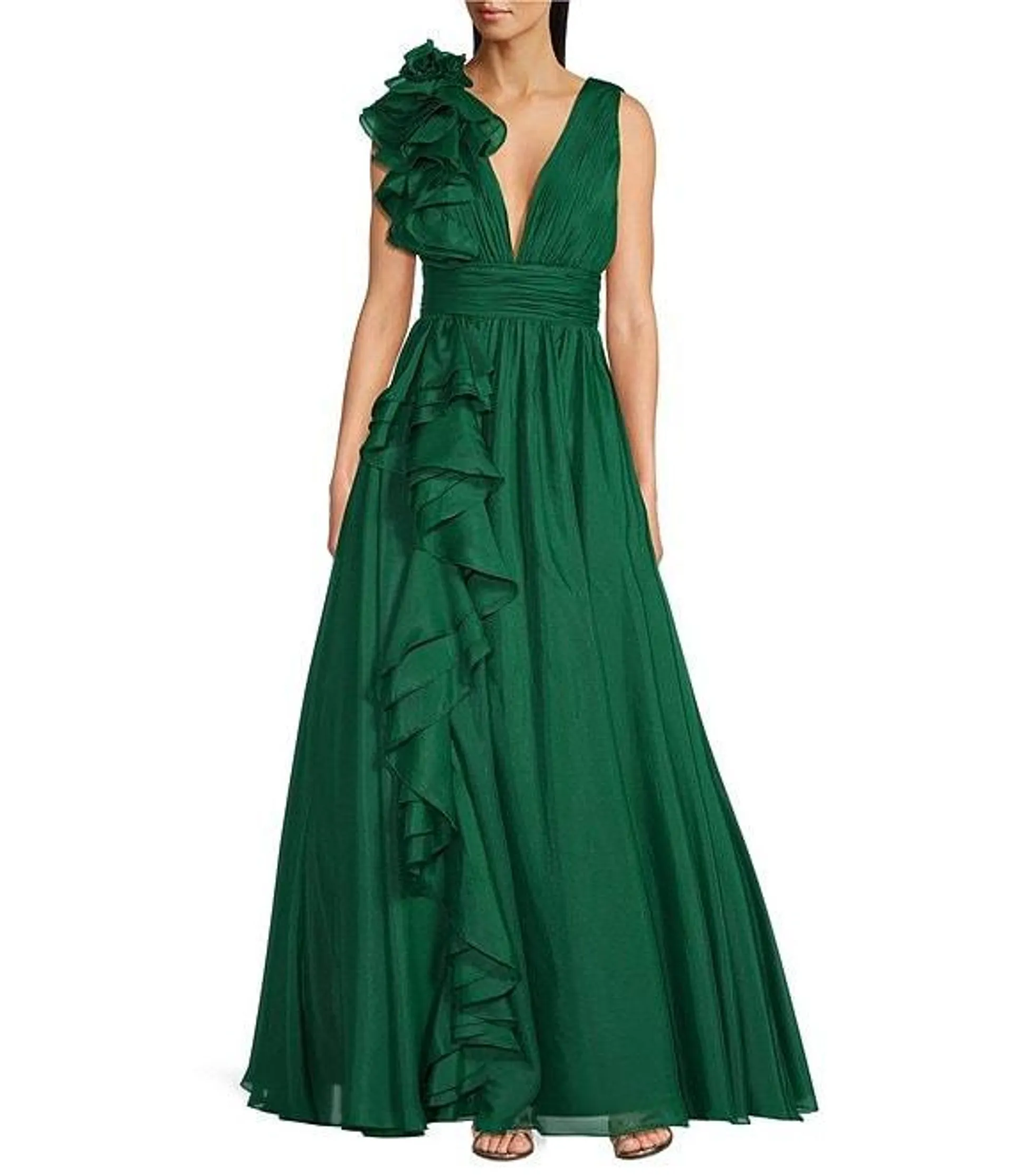 Deep V-Neck Sleeveless Ruffled Shoulder Ball Gown