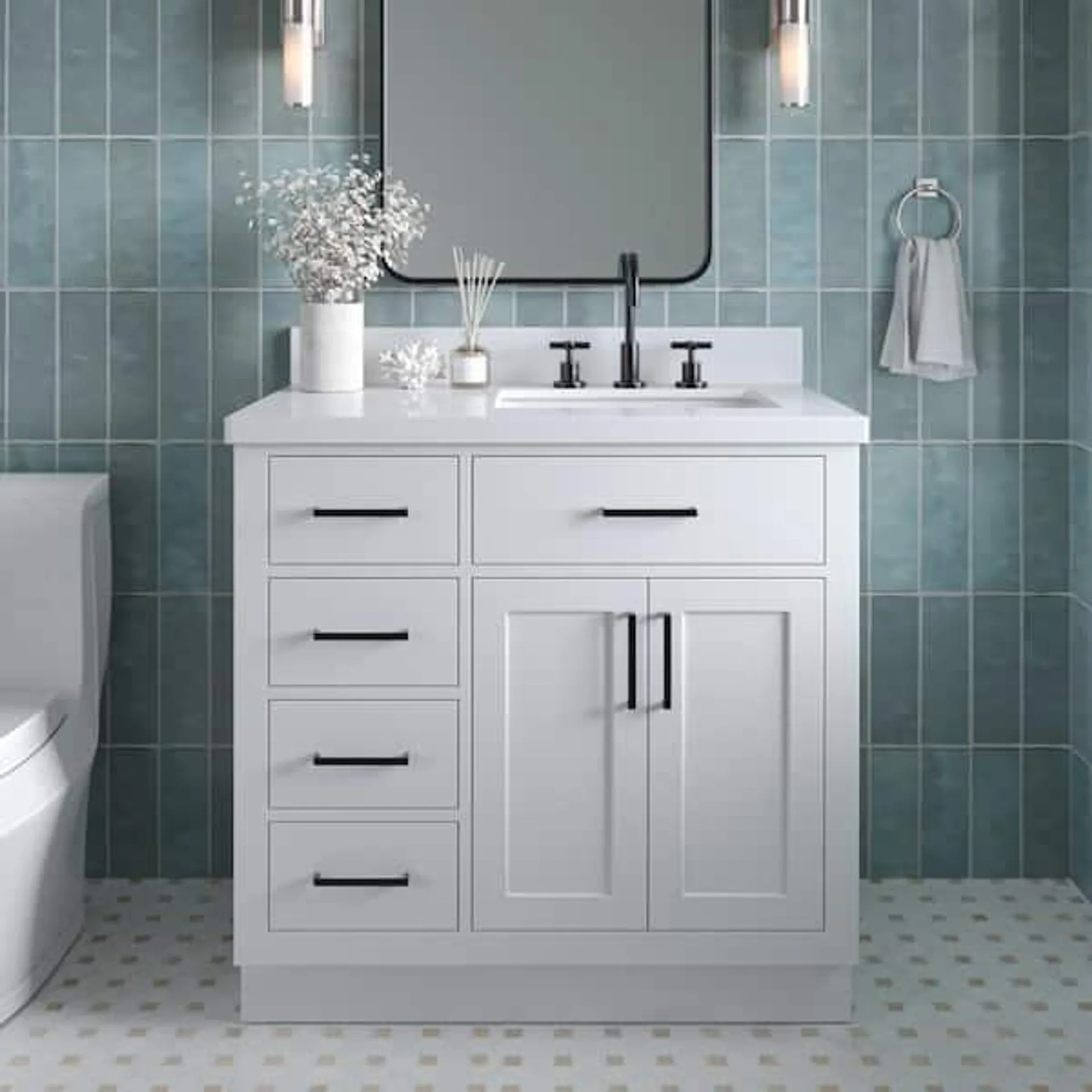 Hepburn 37 in. W x 22 in. D x 36 in. H Bath Vanity in White with White Pure Quartz Vanity Top with White Basin