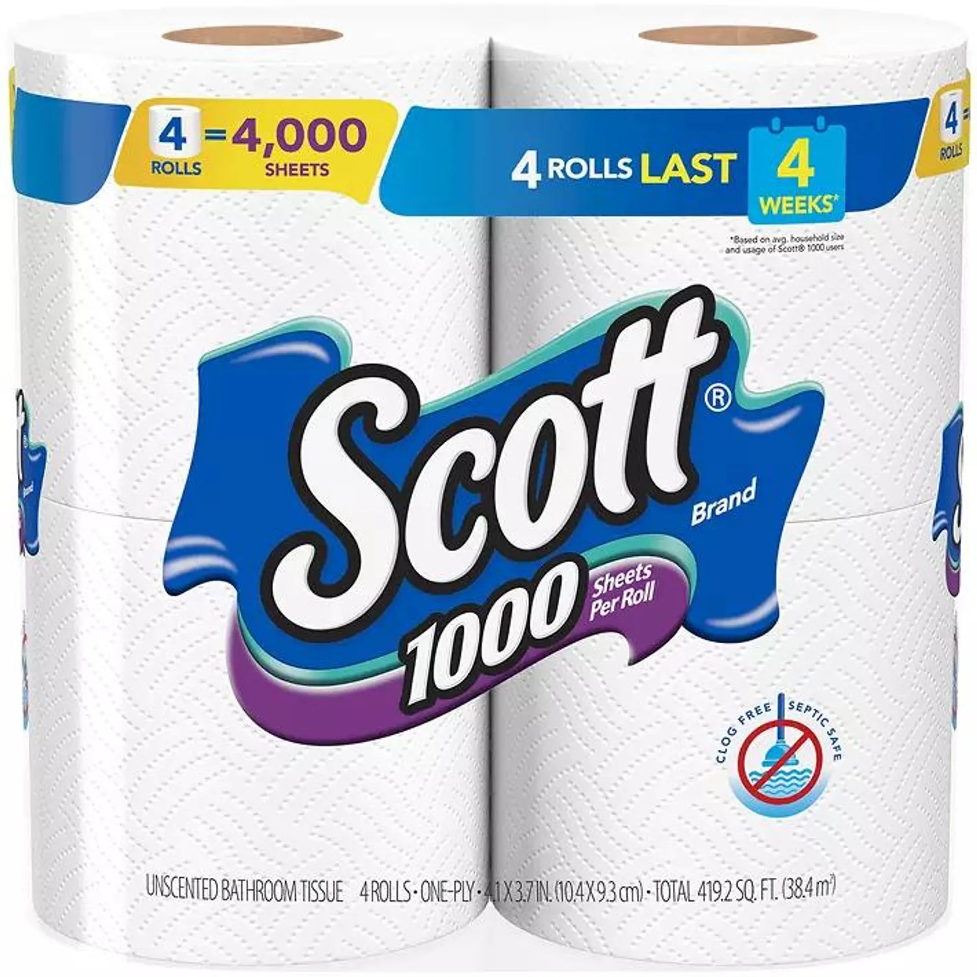 Scott 1000 Toilet Paper, 4 Rolls, Septic-Safe, 1-Ply Toilet Tissue