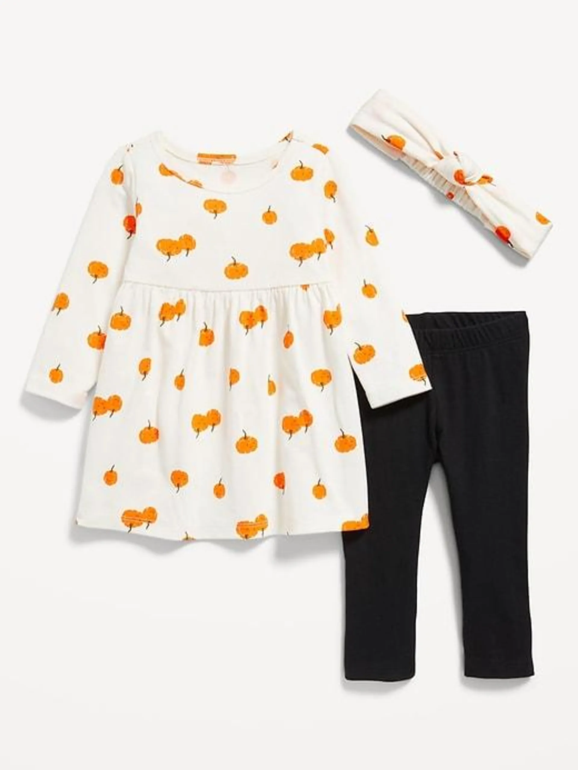 Printed Long-Sleeve Dress, Leggings, and Headband Set for Baby