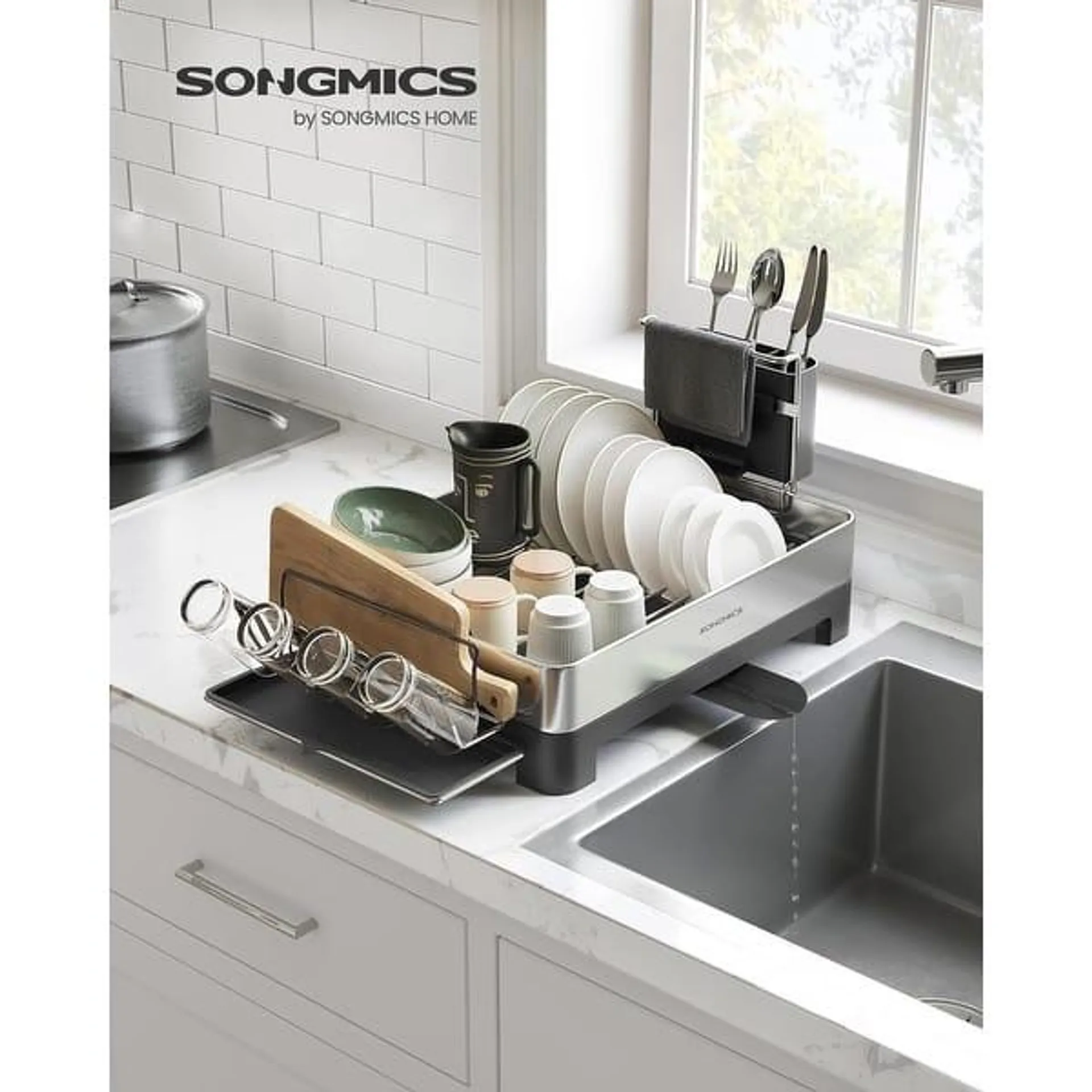 SONGMICS Dish Drying Rack, Stainless Steel Dish Rack with Rotatable Spout, Drainboard, for Kitchen