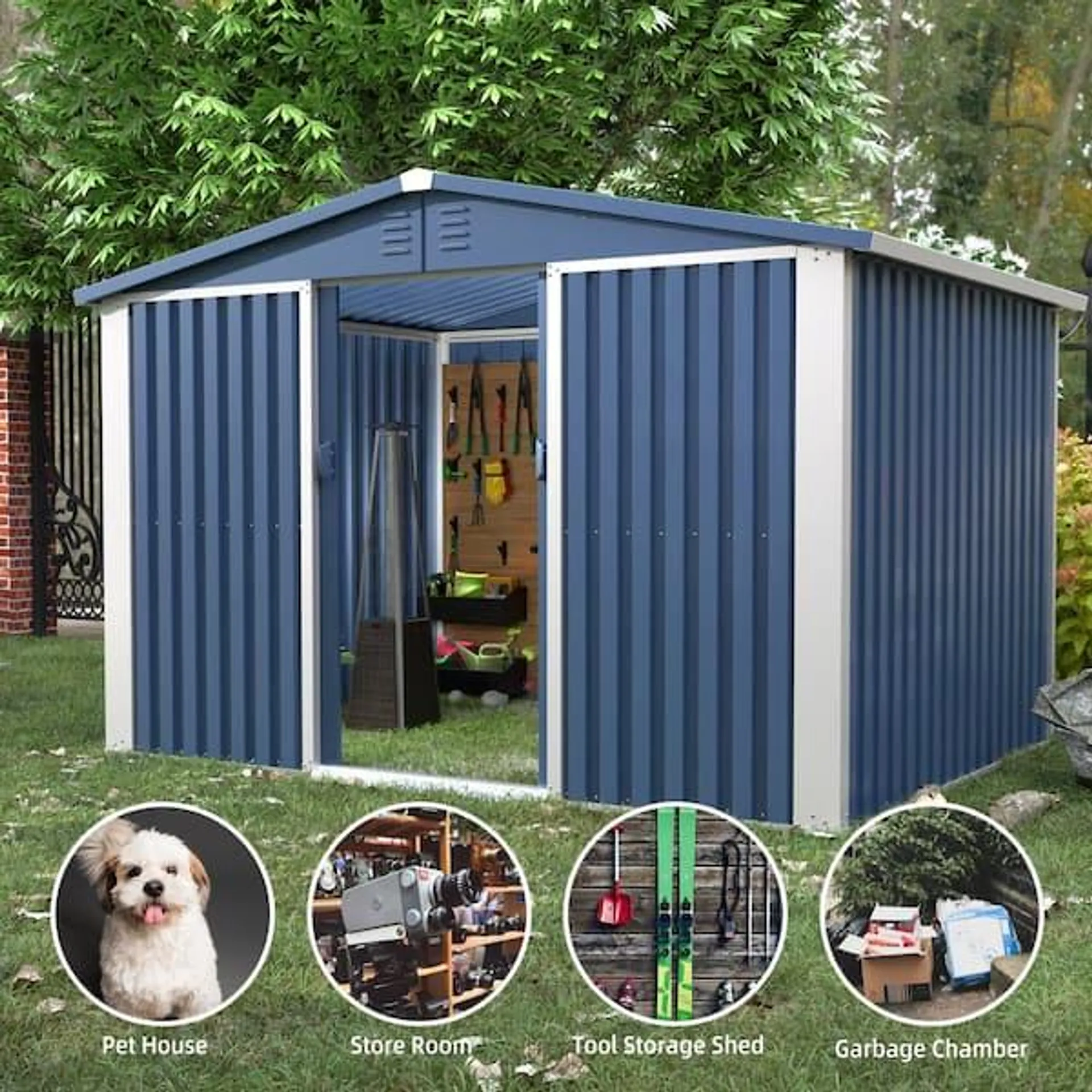 103.74 in. W x 72.83 in. H x 75.59 in. D Multifunctional Outdoor Metal Storage Shed with air vents, in Blue