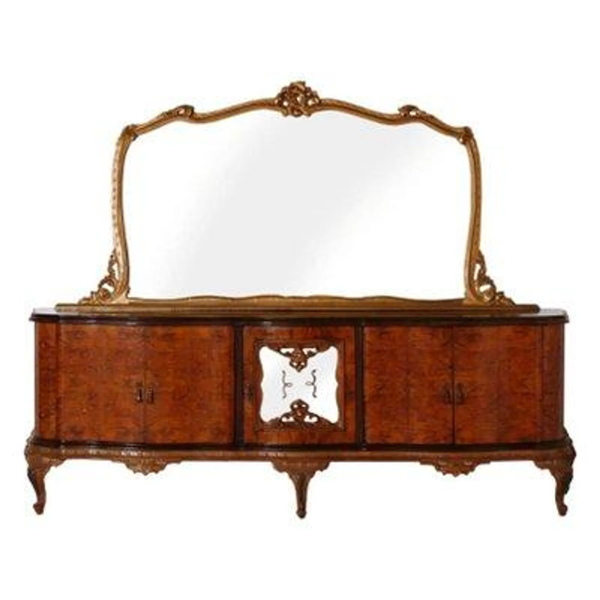 Large Chippendale Credenza with Dry Bar & Golden Leaf Mirror