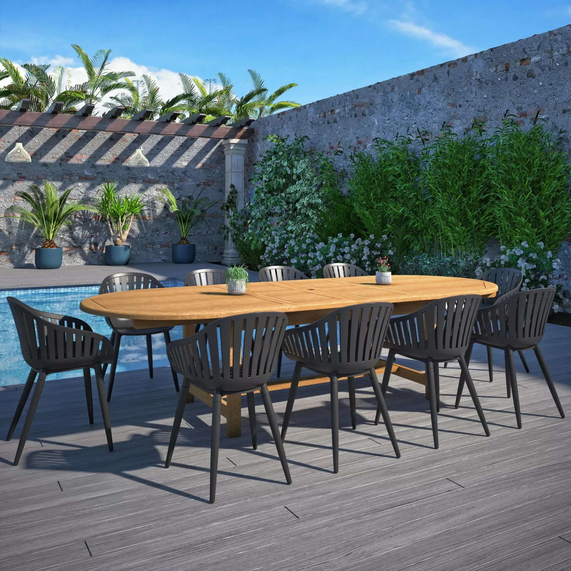 Amazonia Teak 11pc Outdoor Patio Peter Dining Set - Black Chairs