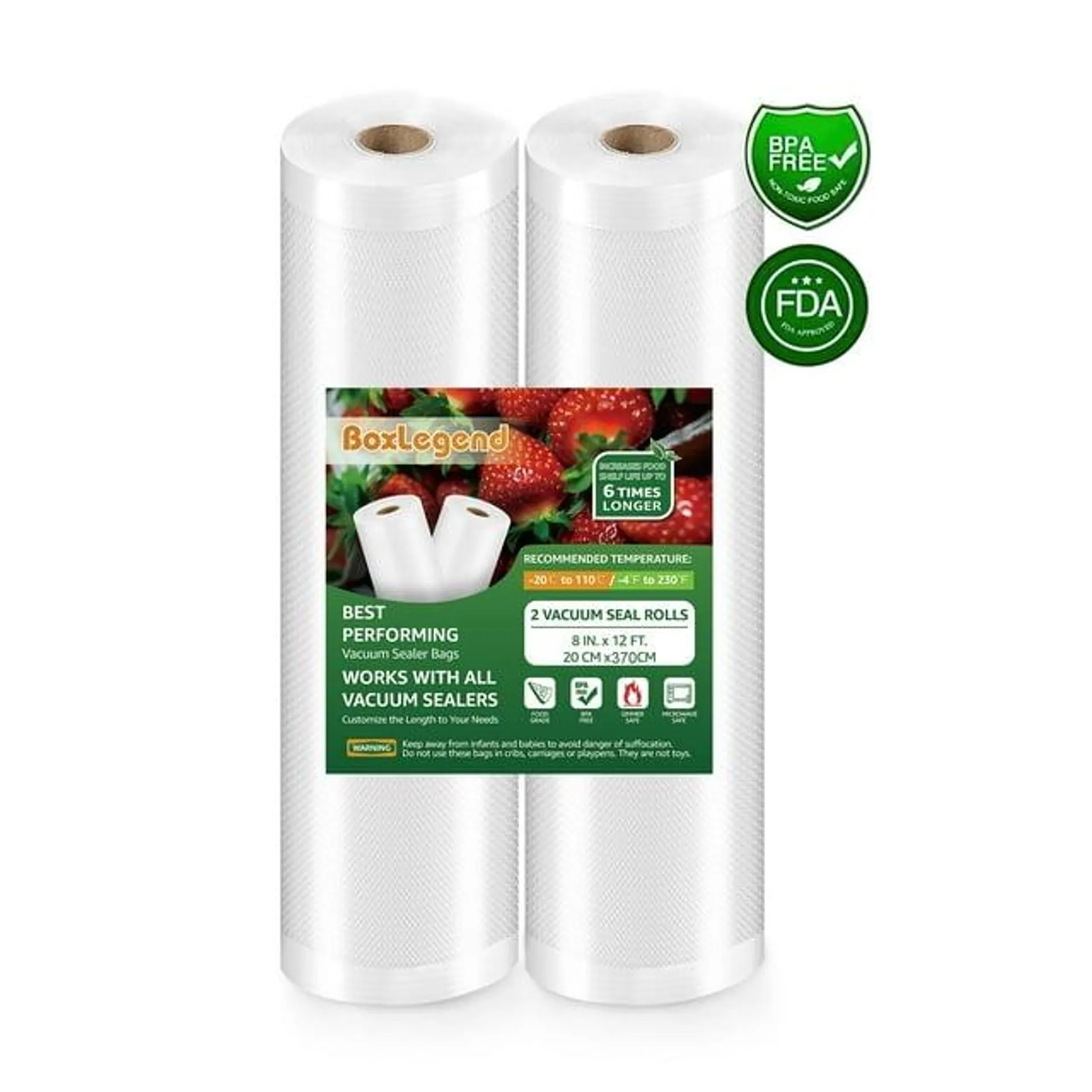 BoxLegend 2 Rolls 8" x 12' Vacuum Sealer Bags for Food Saver, Vacuum Seal Rolls Food Storage Bag, Clear