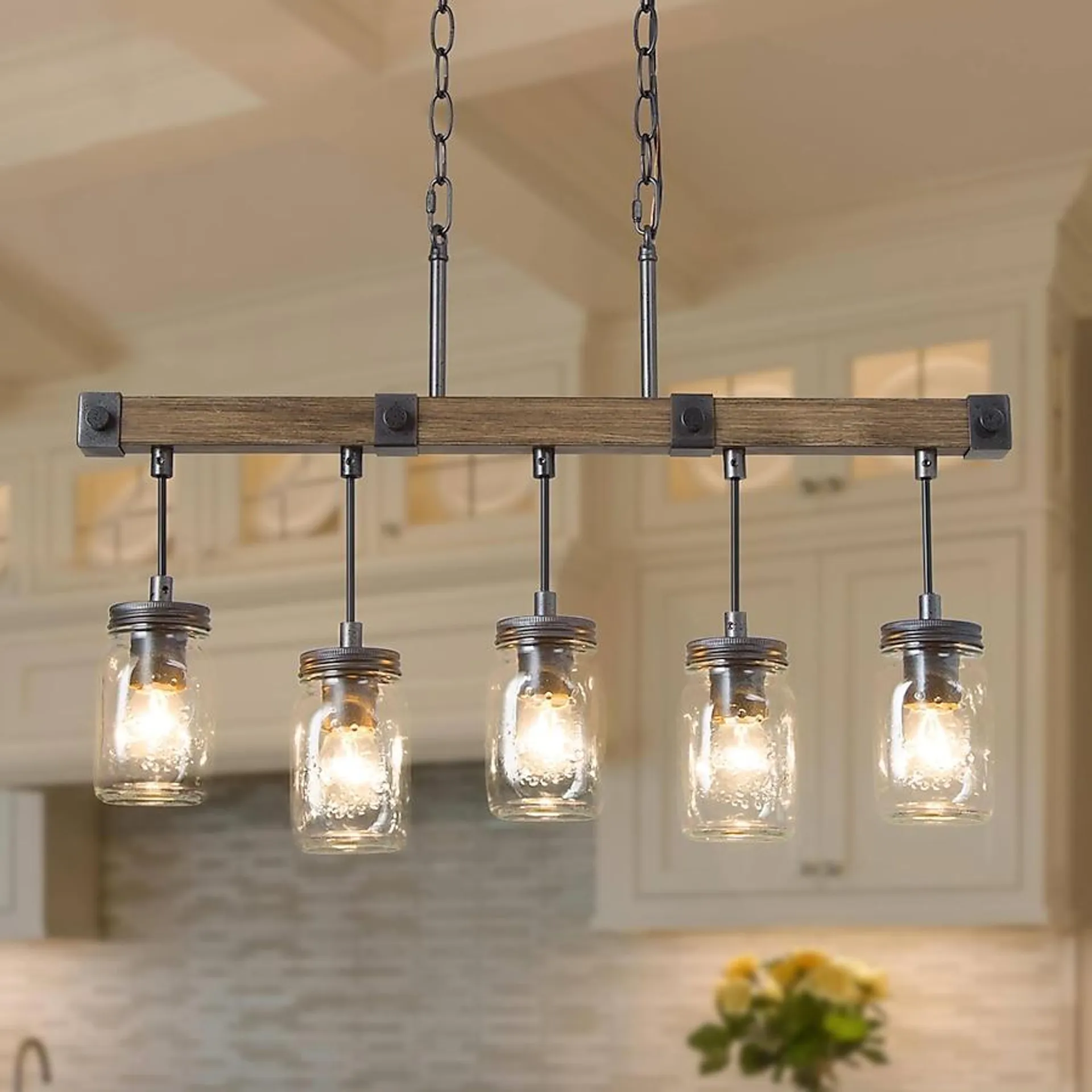 LNC Aries 5-Light Distressed Rusty Black and Brown Wood Grain Farmhouse Textured Glass Linear LED Large Hanging Kitchen Island Light