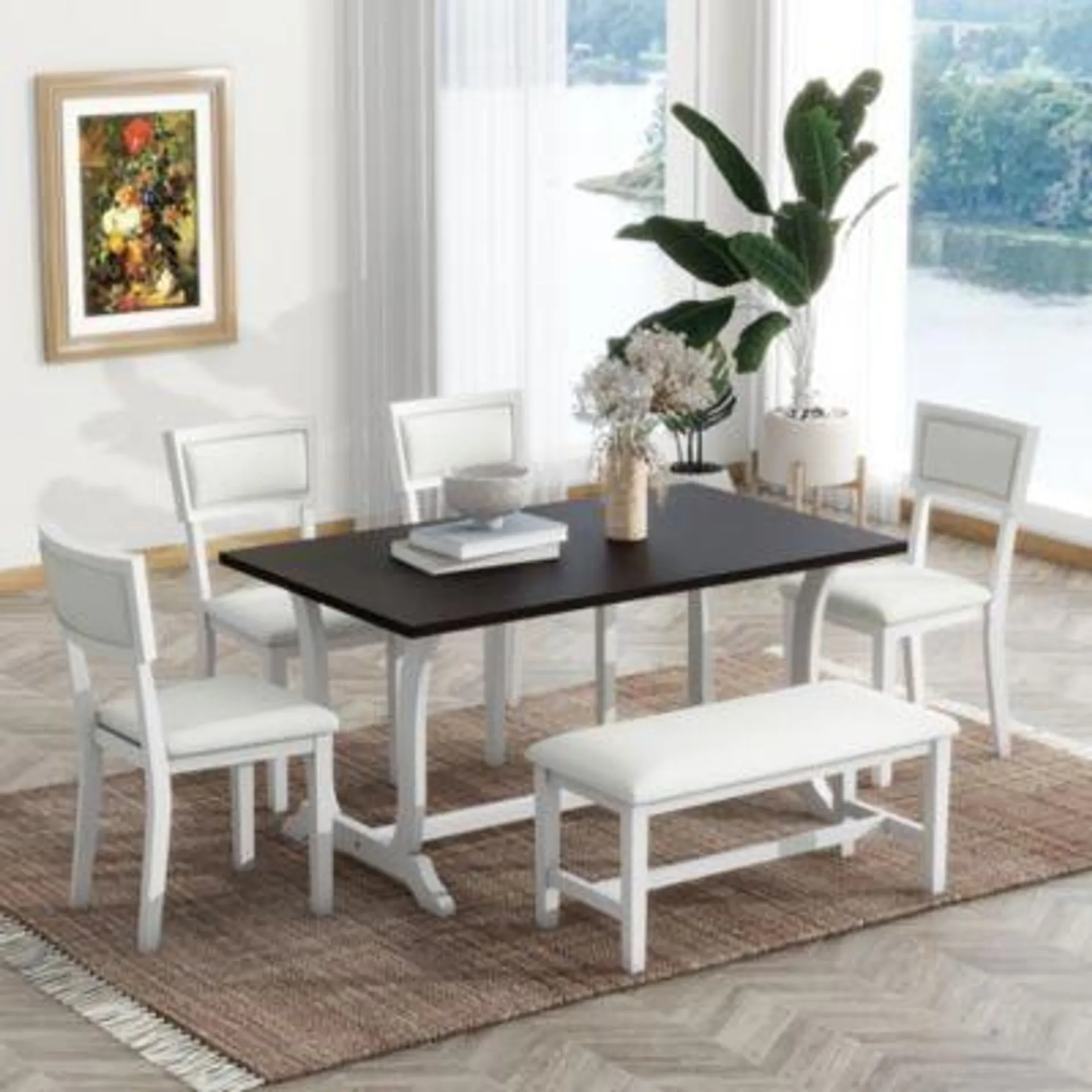 Streamdale Furniture Farmhouse 6-Piece Trestle Dining Table Set With Upholstered Dining Chairs And Bench, 5 9"