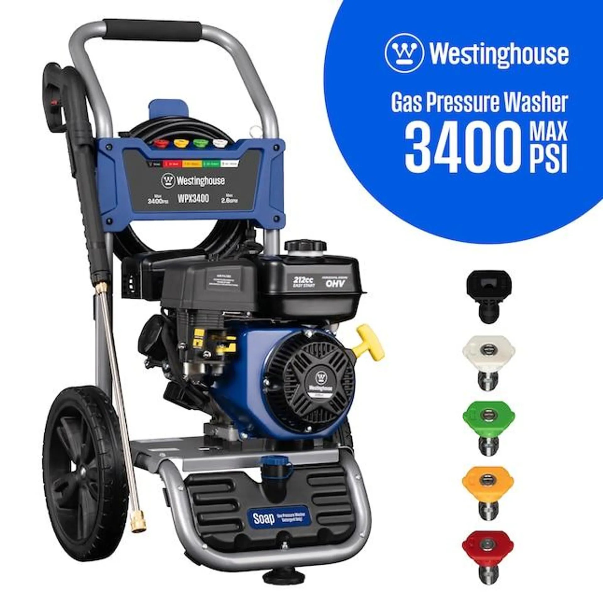 Westinghouse WPX3400 5 Nozzles + Soap Tank Included 3400 PSI 2.6-GPMs Cold Water Gas with 5 Spray Tips