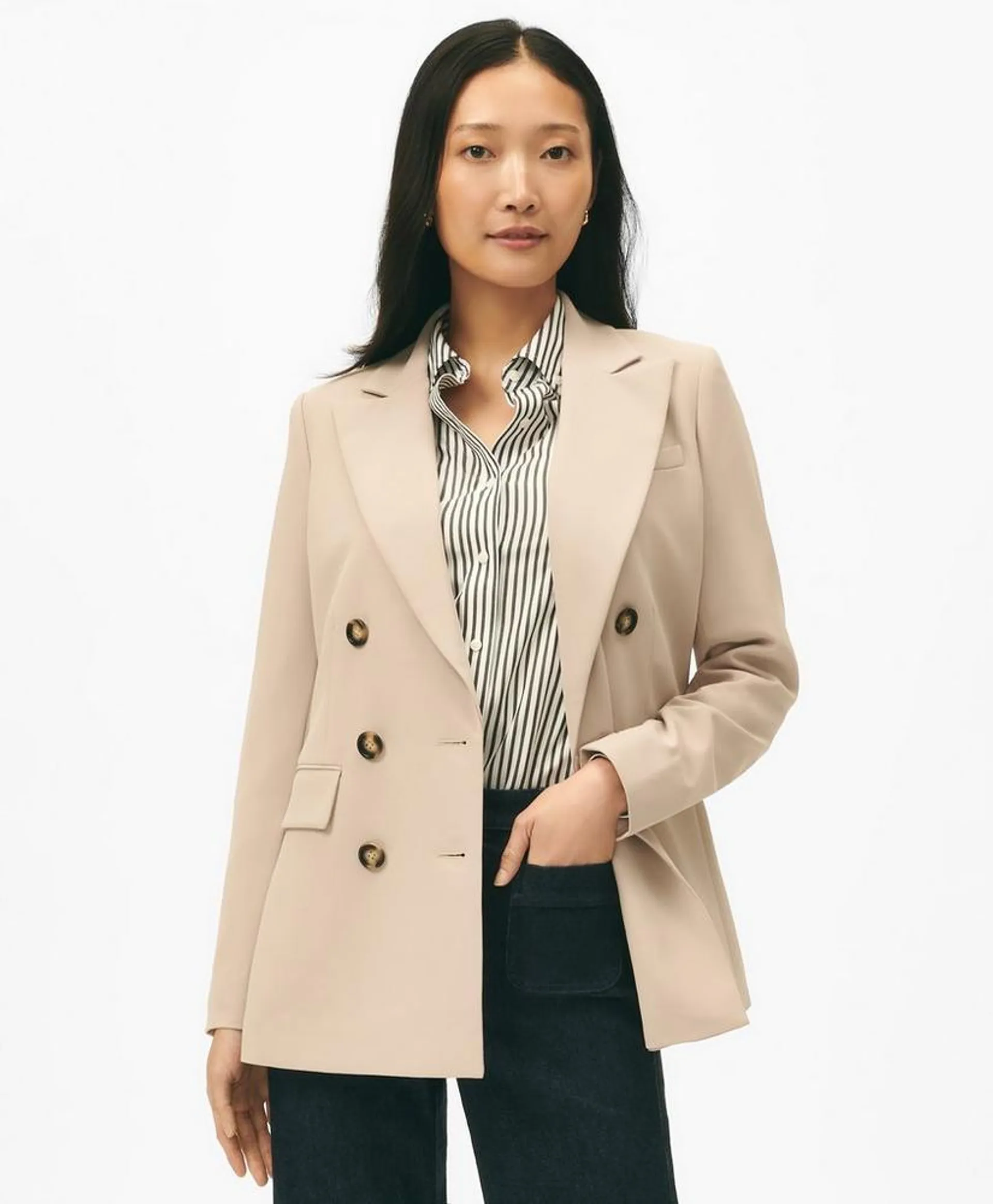 Double-Breasted Peak Lapel Jacket in Fine Twill Stretch Crepe