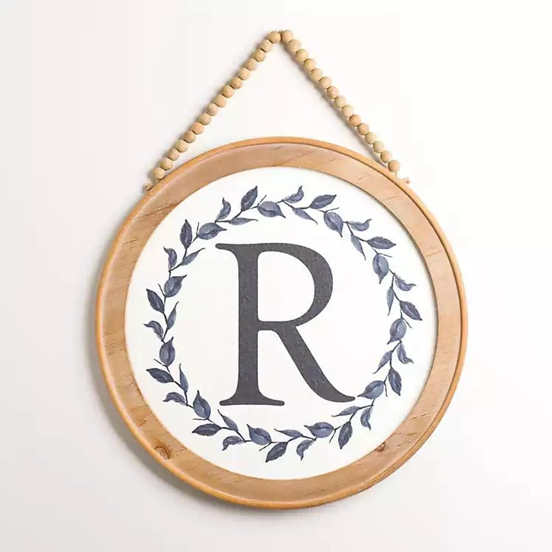 Blue Leaf Wreath Monogram R Wood Wall Plaque