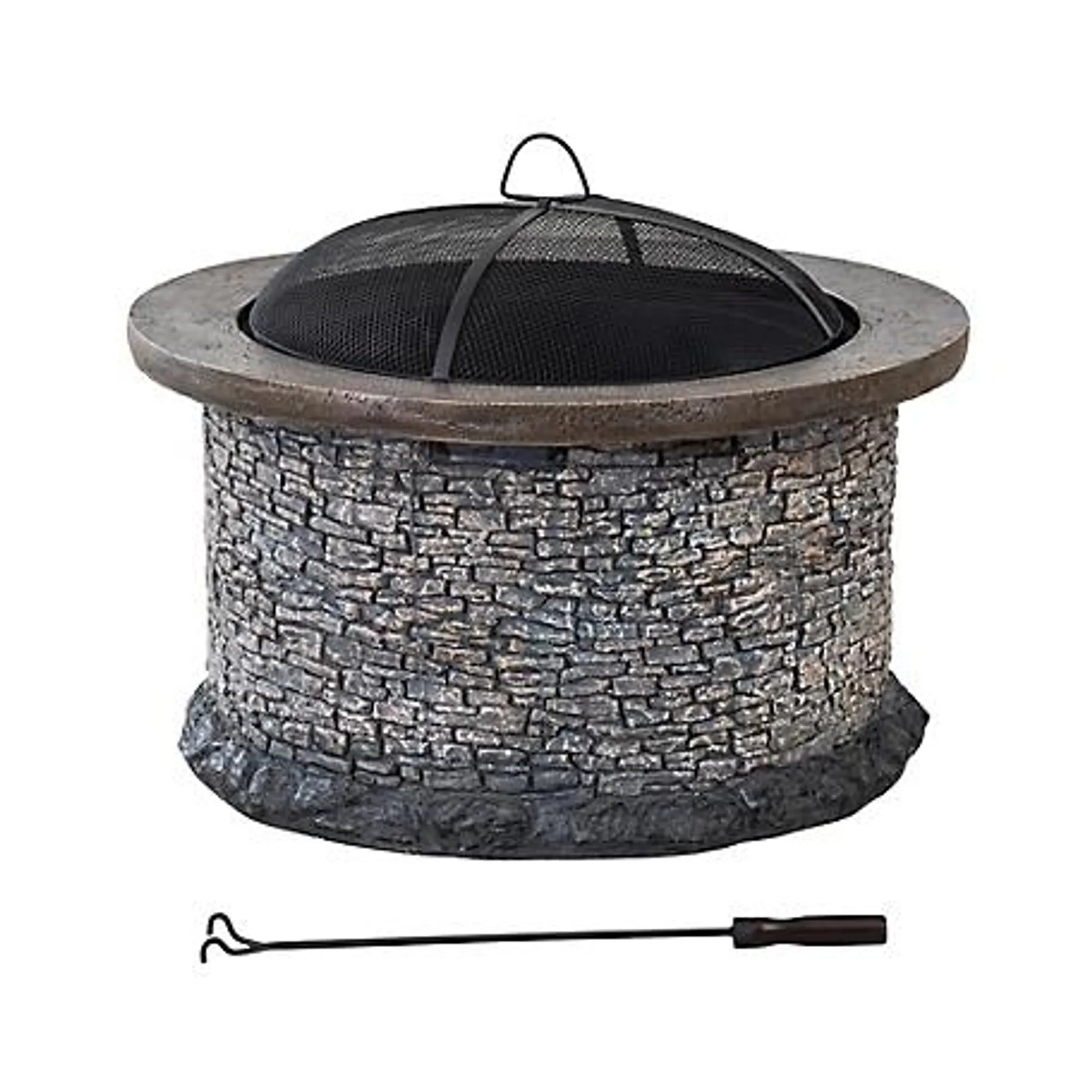 Sunjoy 32 in. Outdoor Stone Wood-Burning Fire Pit with Steel Mesh Spark Screen and Fire Poker