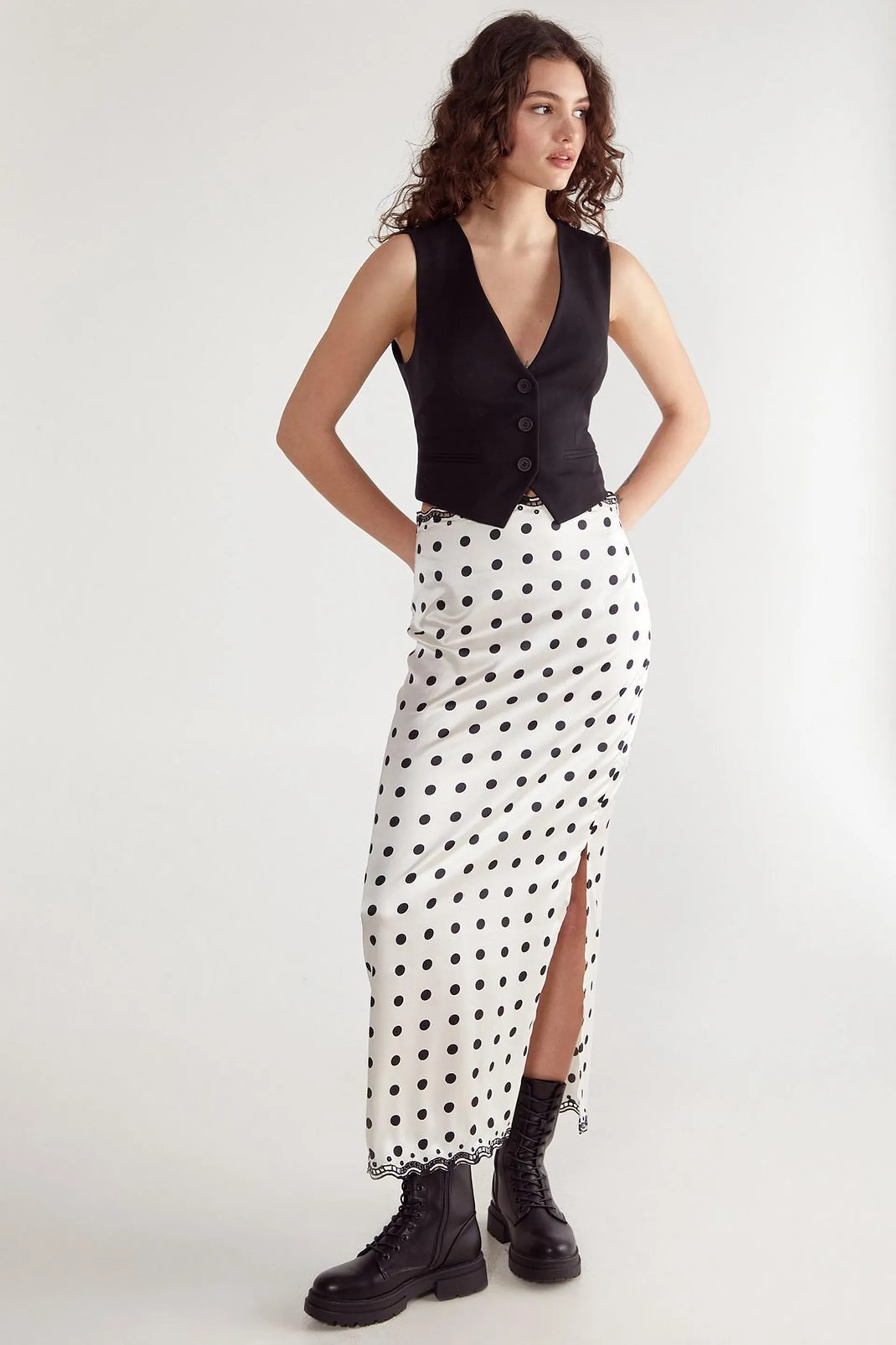 Satin Polka Dot Embroidered Split Maxi Skirt