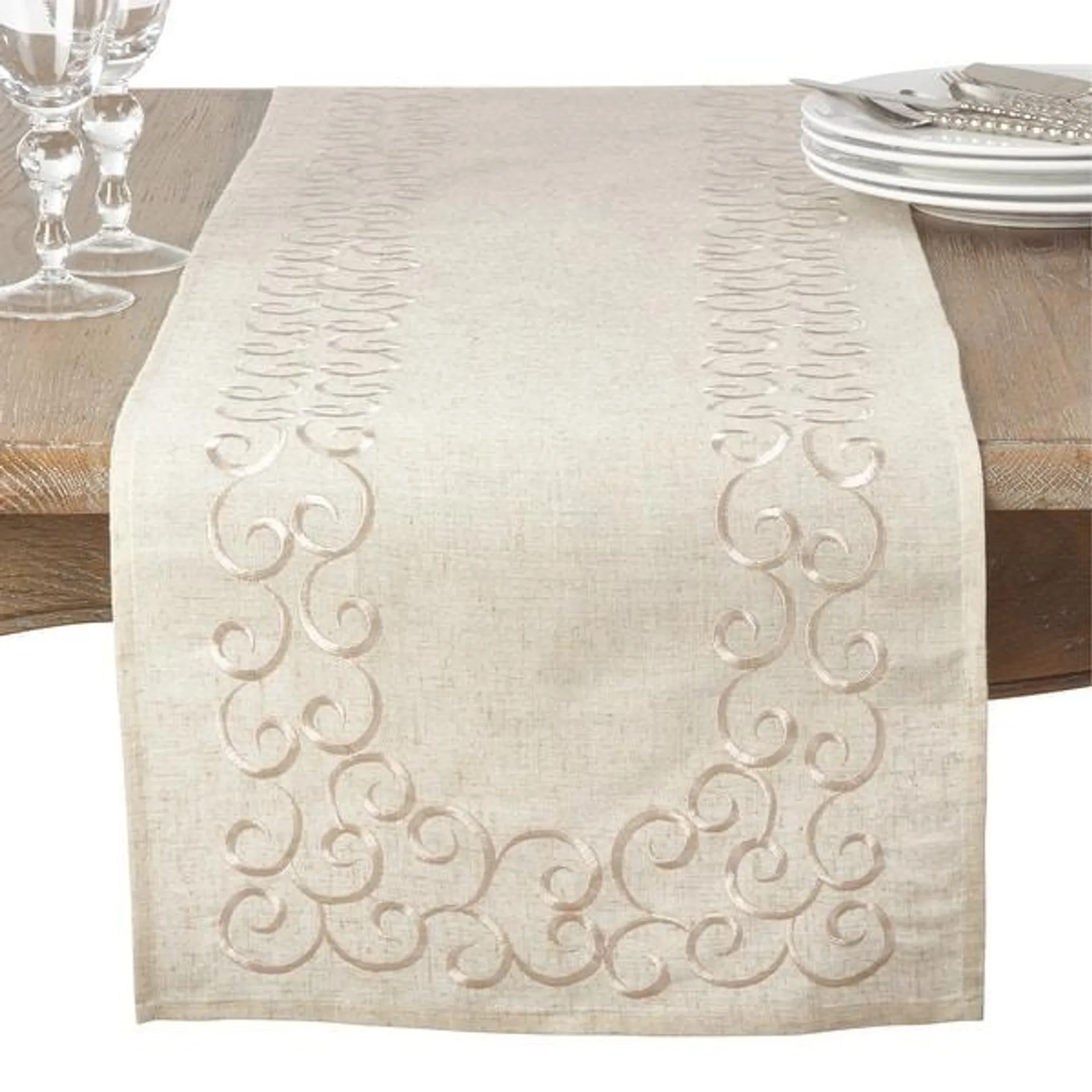 Embroidered Swirl Design Linen Blend Runner