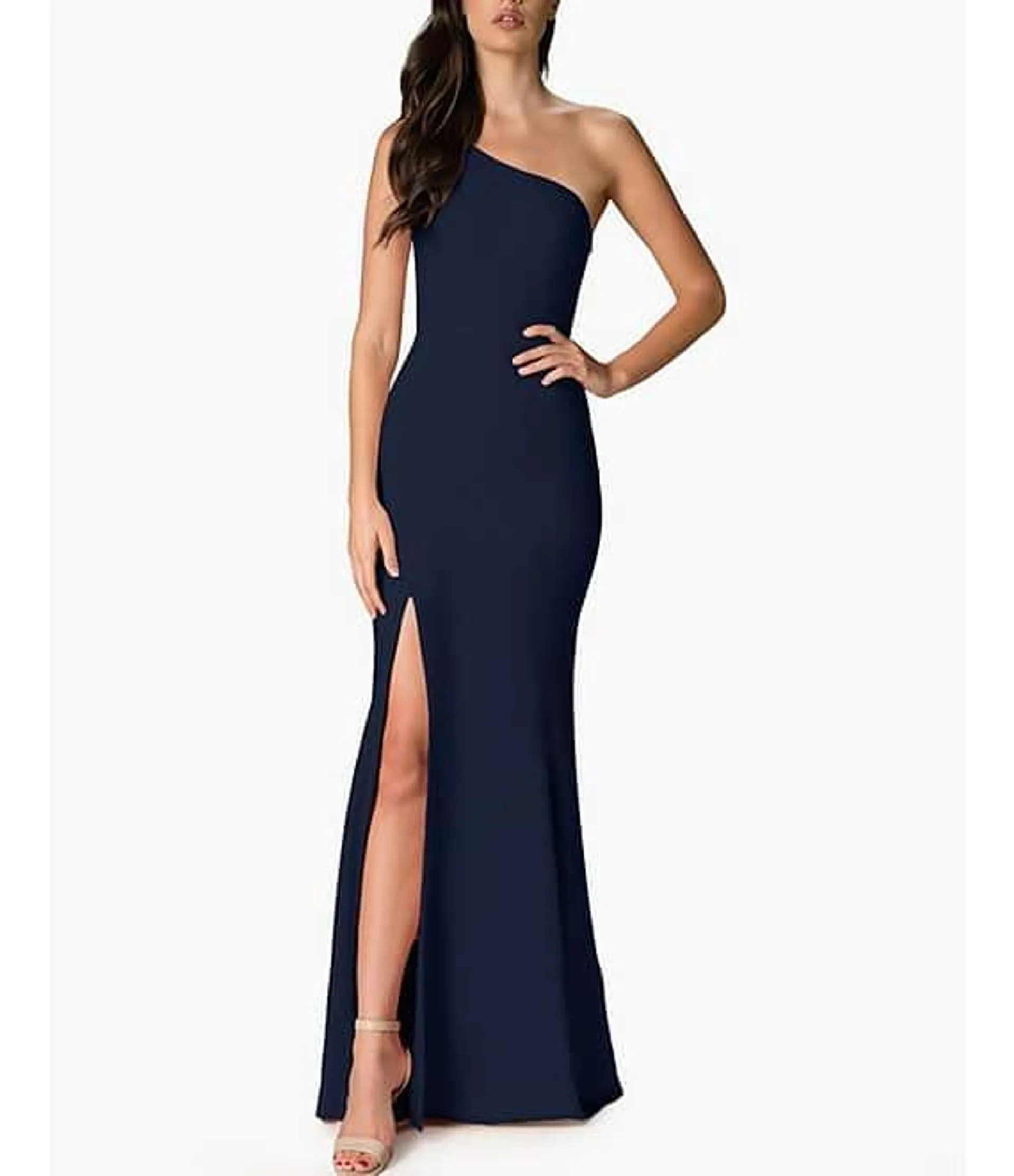 Amy Asymmetrical One Shoulder Neck Front Slit Sleeveless Gown