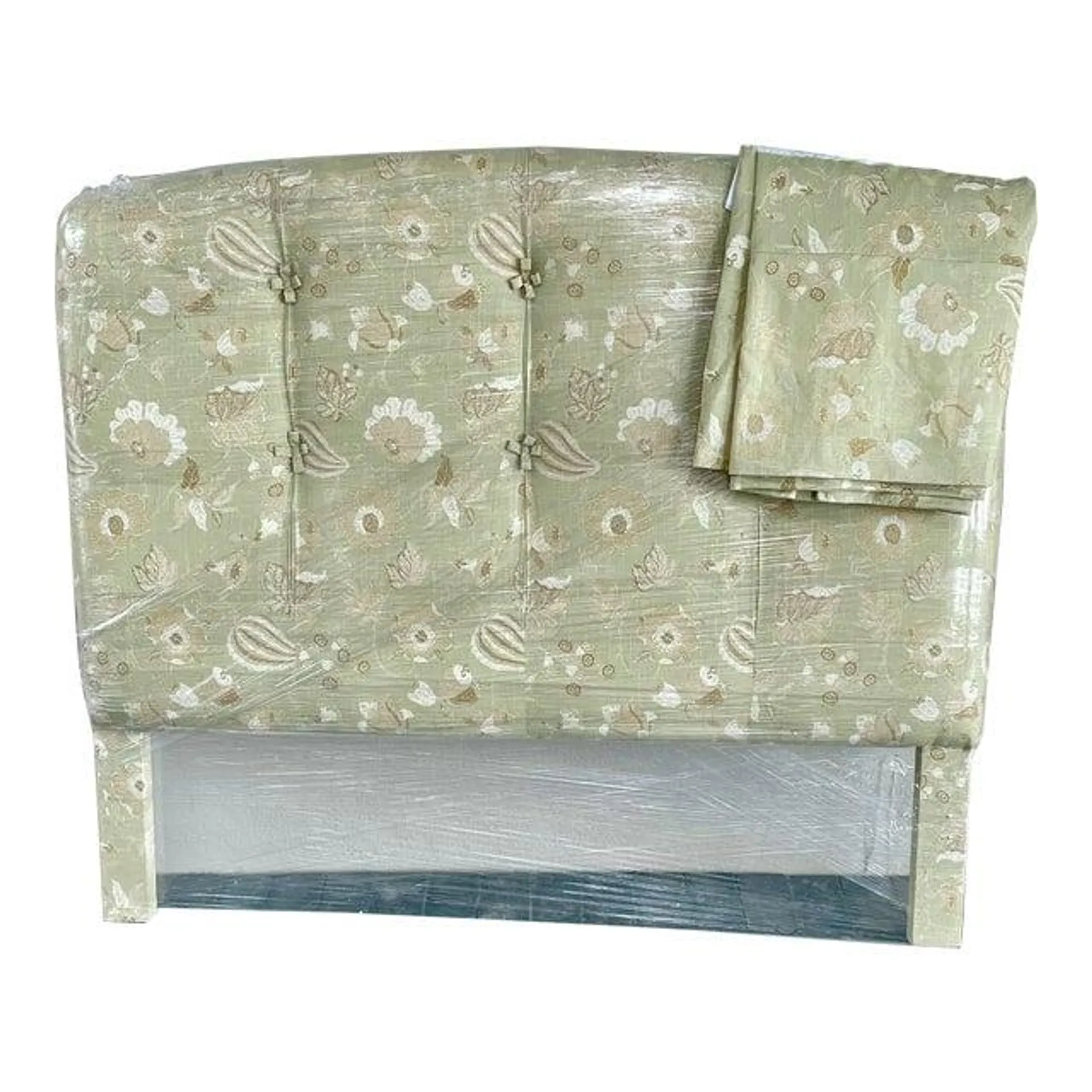 Vintage Upholstered Queen Headboard With Matching Pleated Bed Skirt, Robert Allen Linen Floral in Pistachio