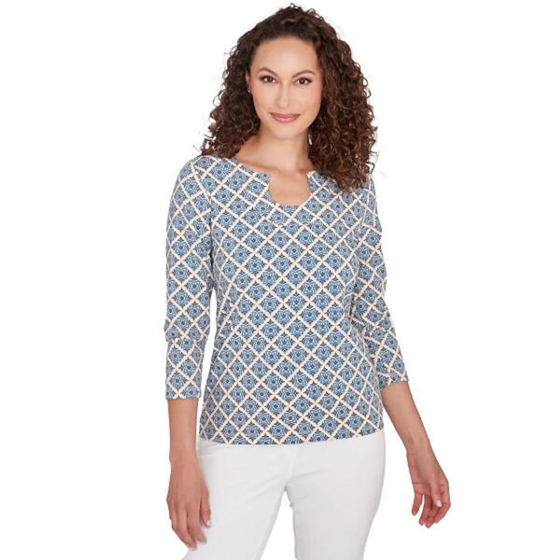 Womens Hearts of Palm Blue Lala 3/4 Sleeve Fancy Tiles Blouse