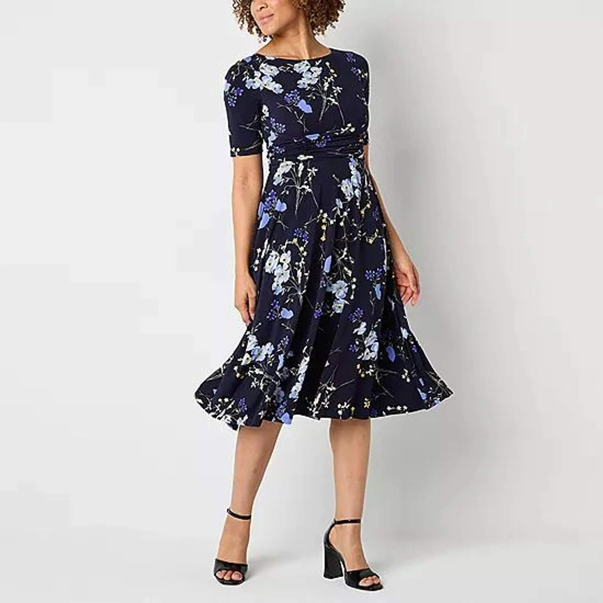 new! Jessica Howard Womens Short Sleeve Floral Midi Fit + Flare Dress