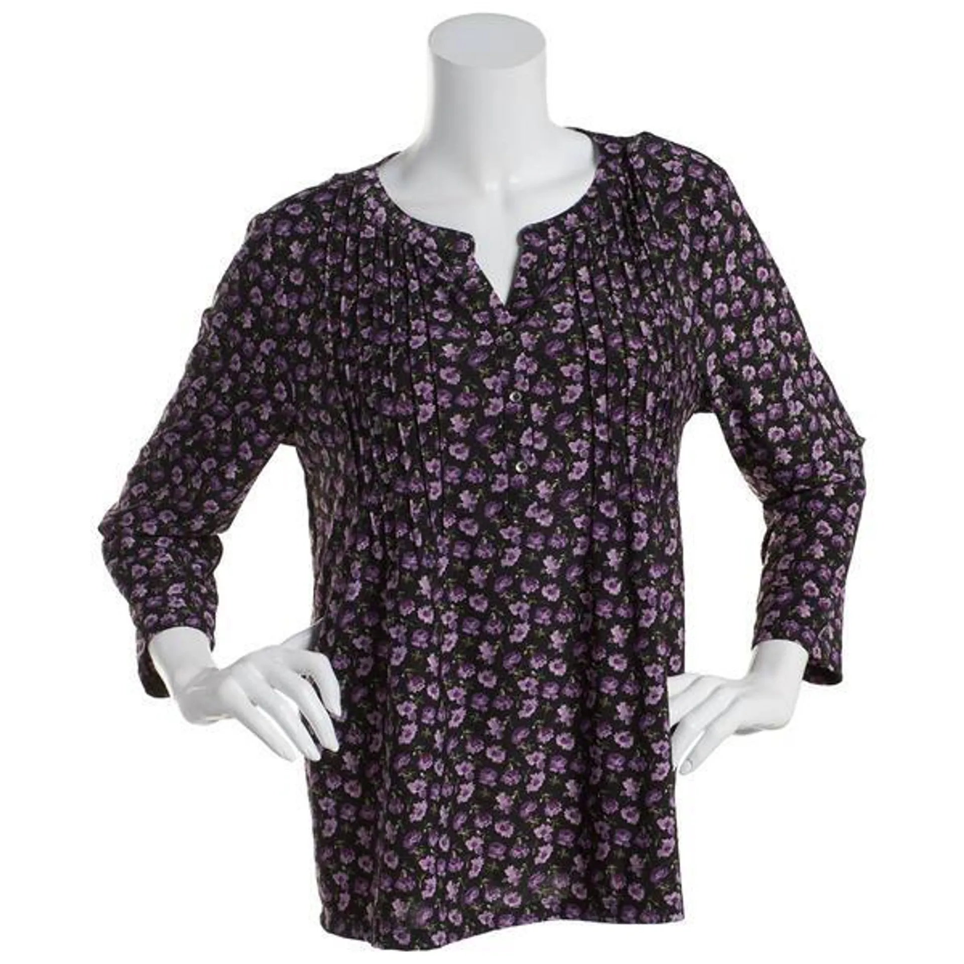 Plus Size Napa Valley 3/4 Sleeve Ditsy Floral Pleated Blouse