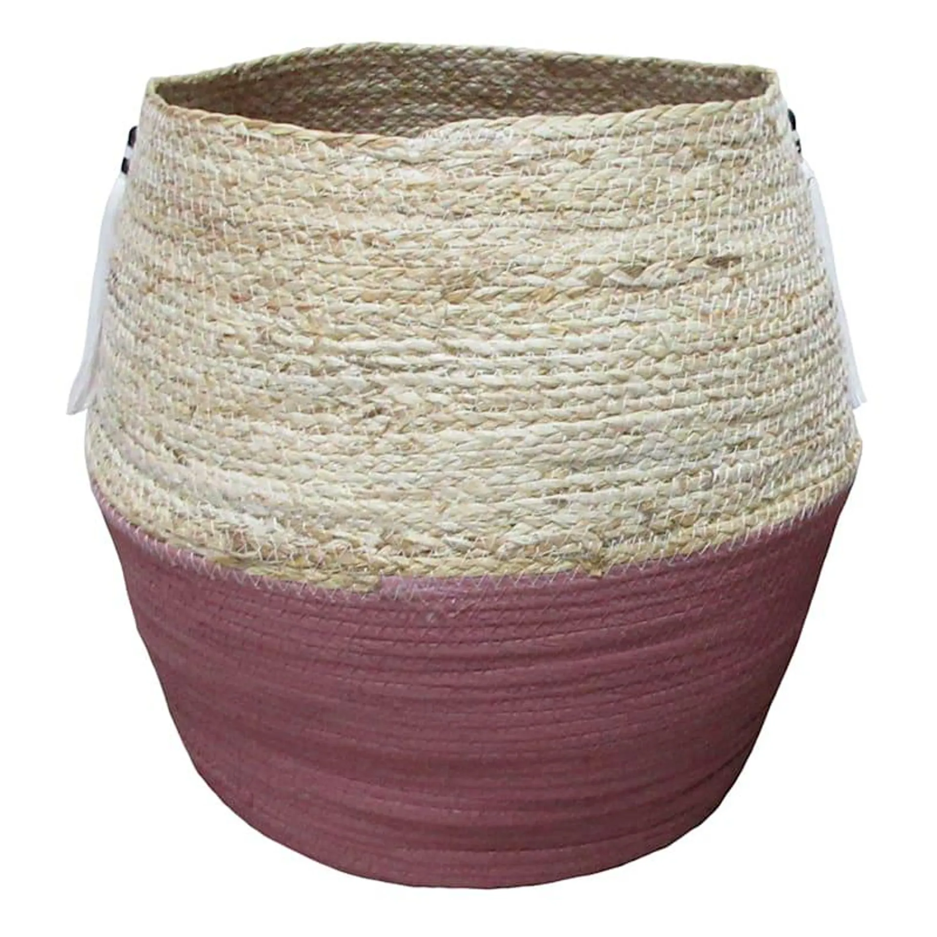 Natural & Pink Round Belly Cotton Rope Basket, 9.5"