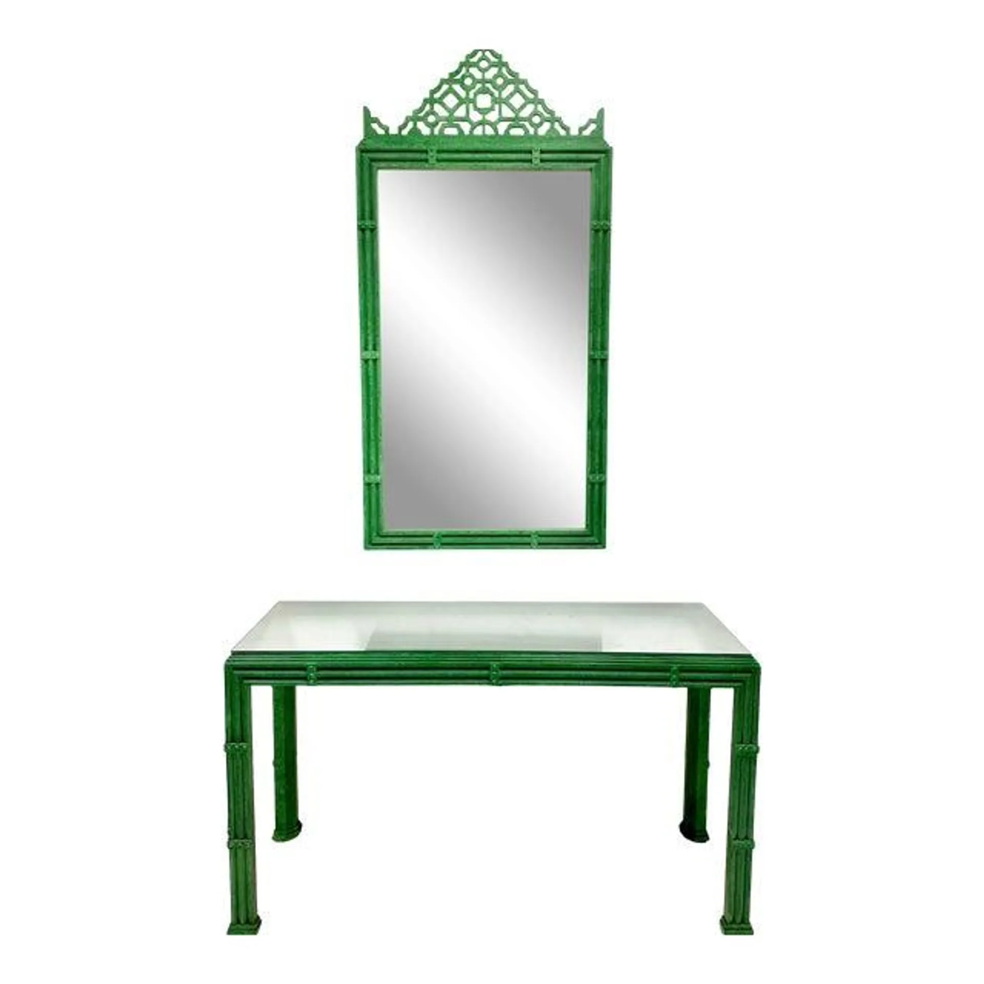 Chippendale Inspired Green Fretwork Mirror and Console Table - a Pair