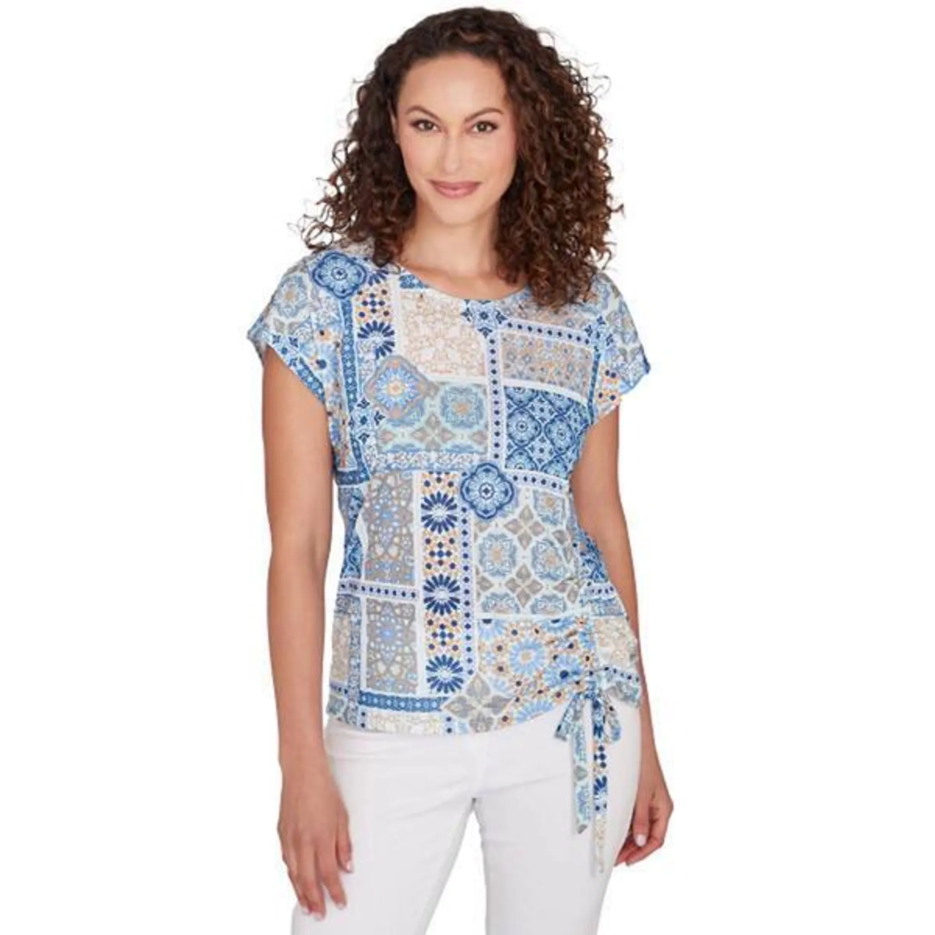 Petite Hearts of Palm Blue Lala Patchwork Side Tie Blouse