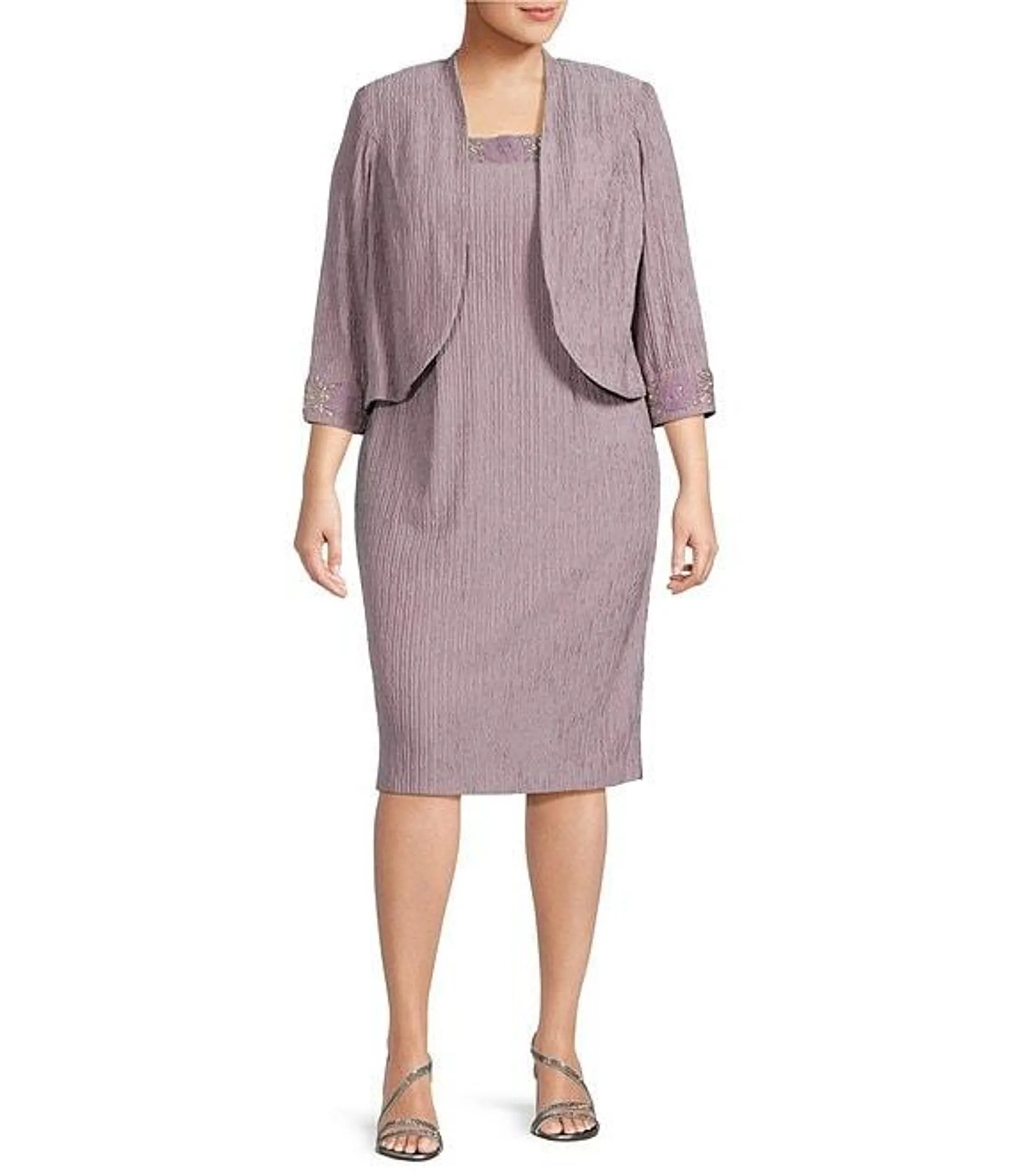 Plus Size Crinkle Knit 3/4 Sleeve Embroidered Crew Neck 2-Piece Jacket Dress