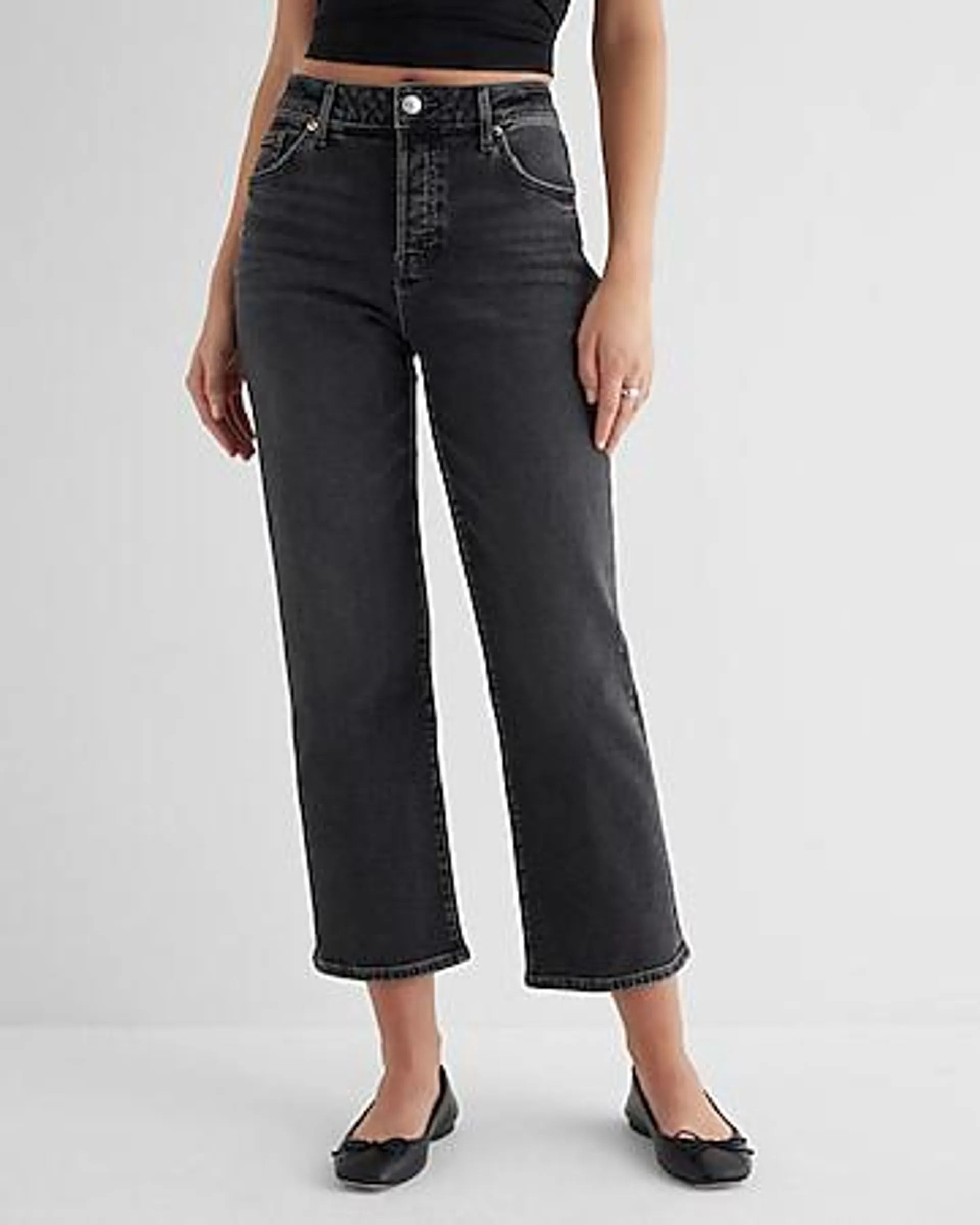 High Waisted Washed Black Relaxed Straight Ankle Jeans