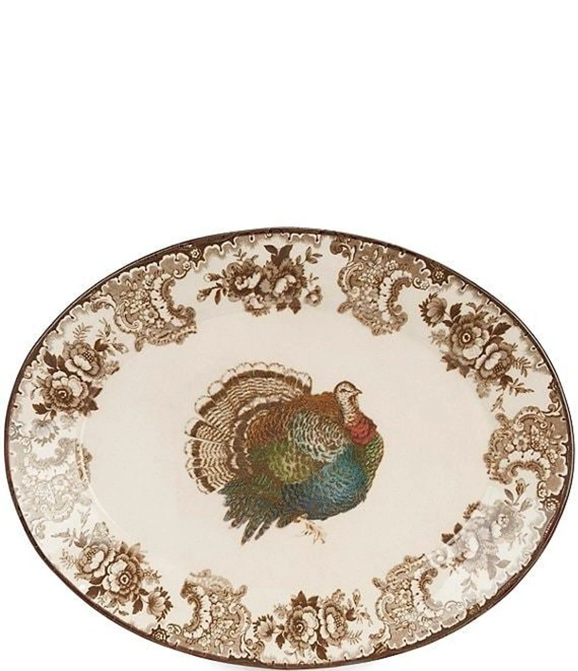 Festive Fall Wetland Turkey Toile Oval Platter with Brown Rim