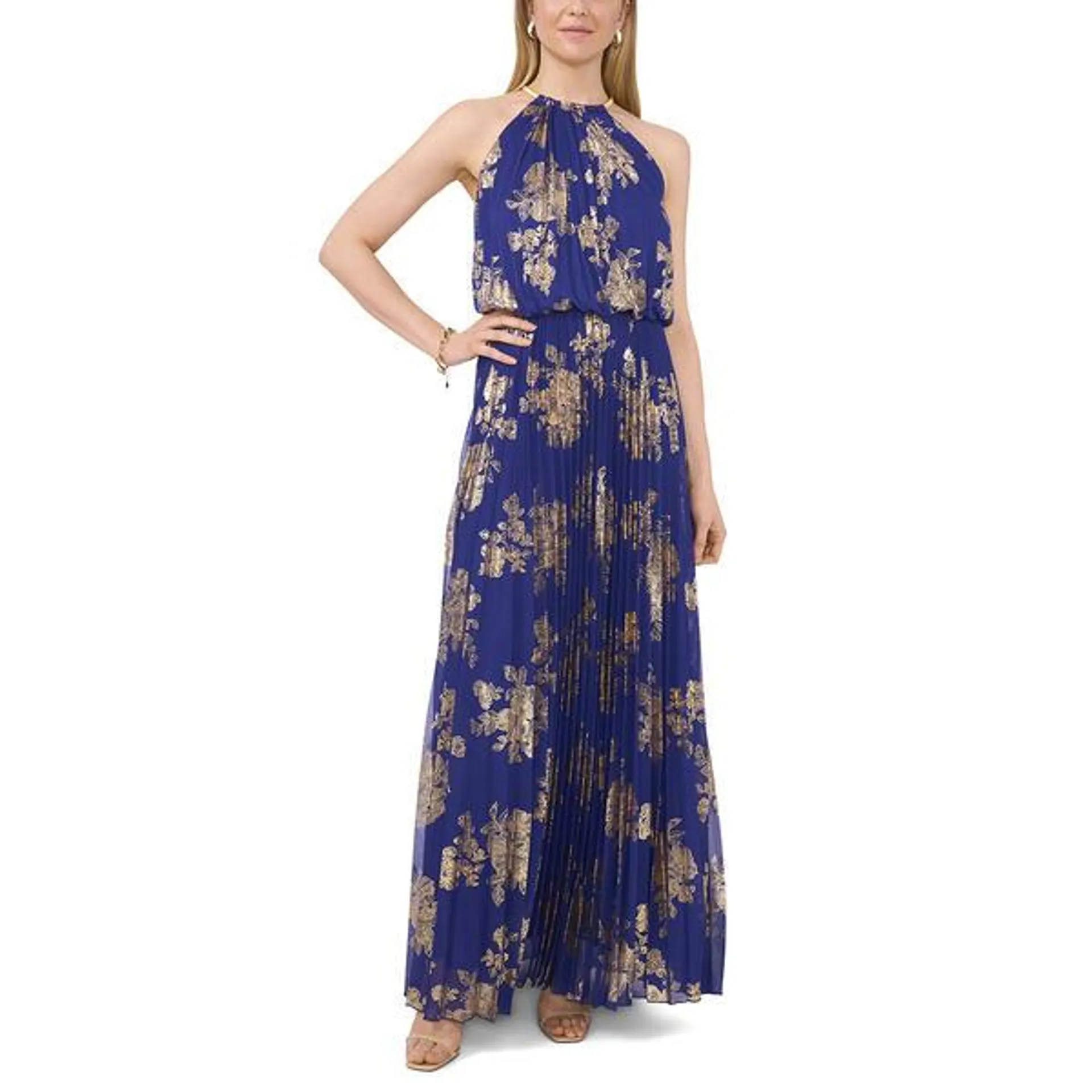 Womens MSK Sleeveless Halter Neck Pleated Foil Maxi Dress