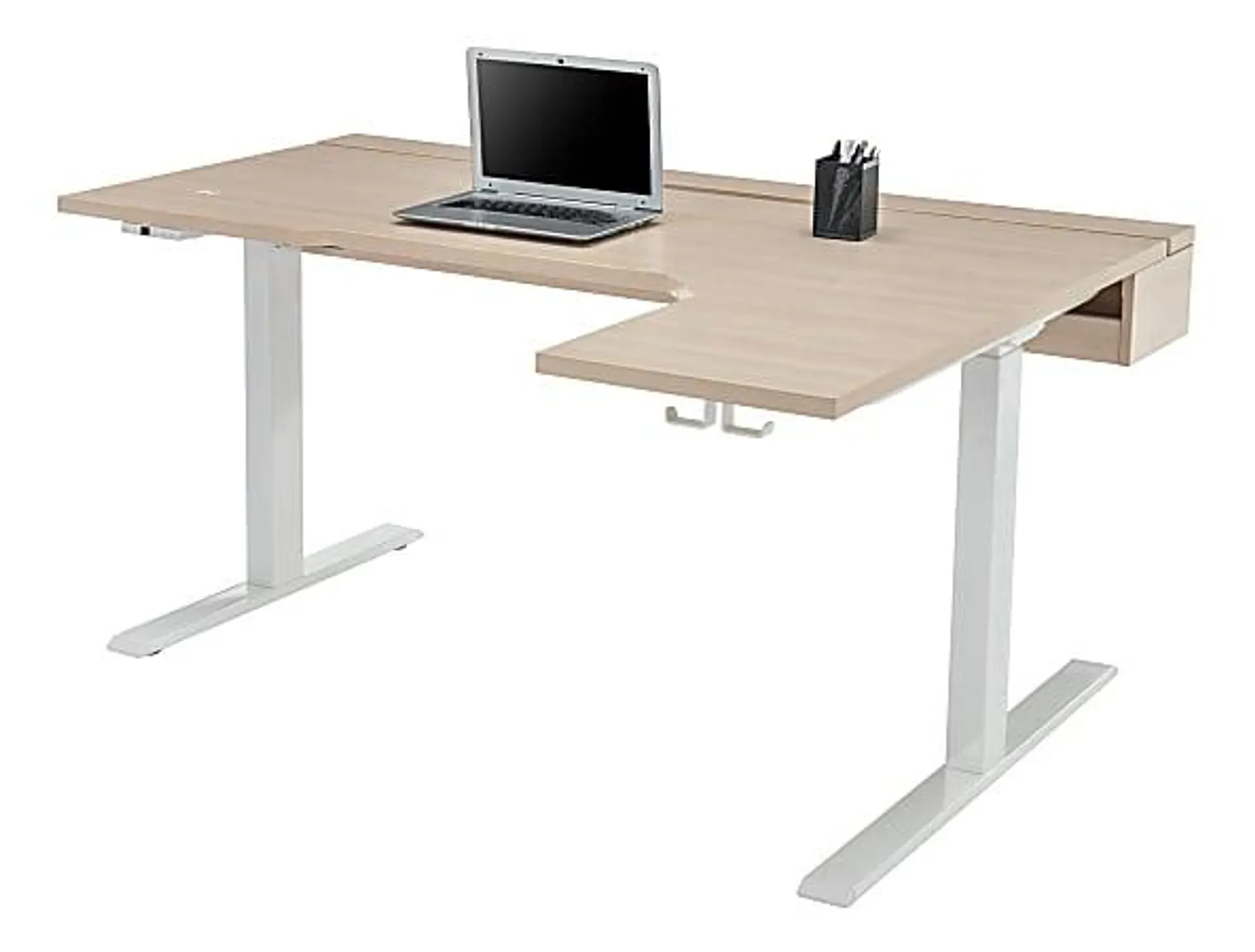 Realspace® Koru Electric 59"W L-Shaped Height-Adjustable Standing Desk with Integrated Power & Charging, Natural Oak