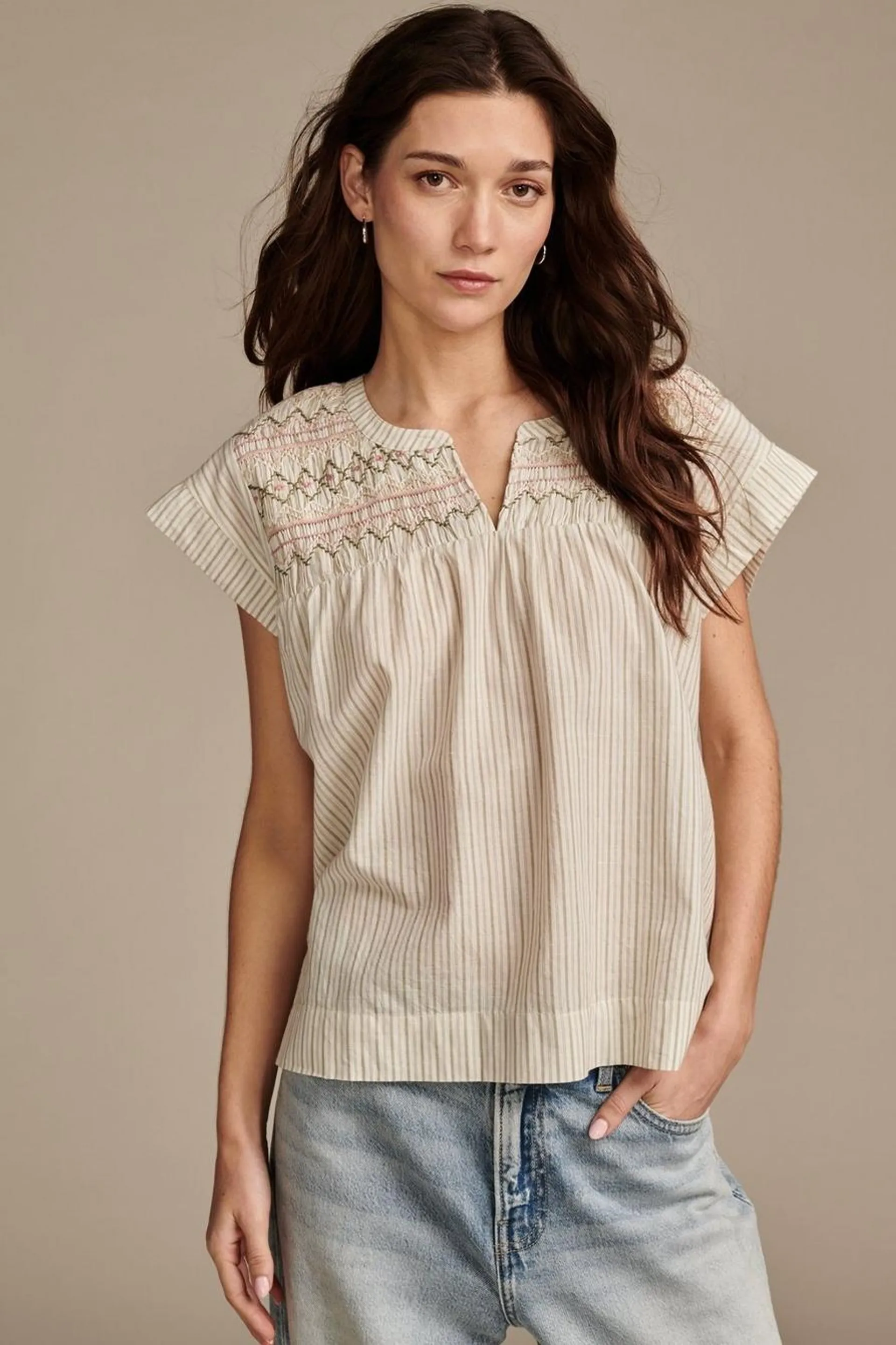 short sleeve smocked blouse