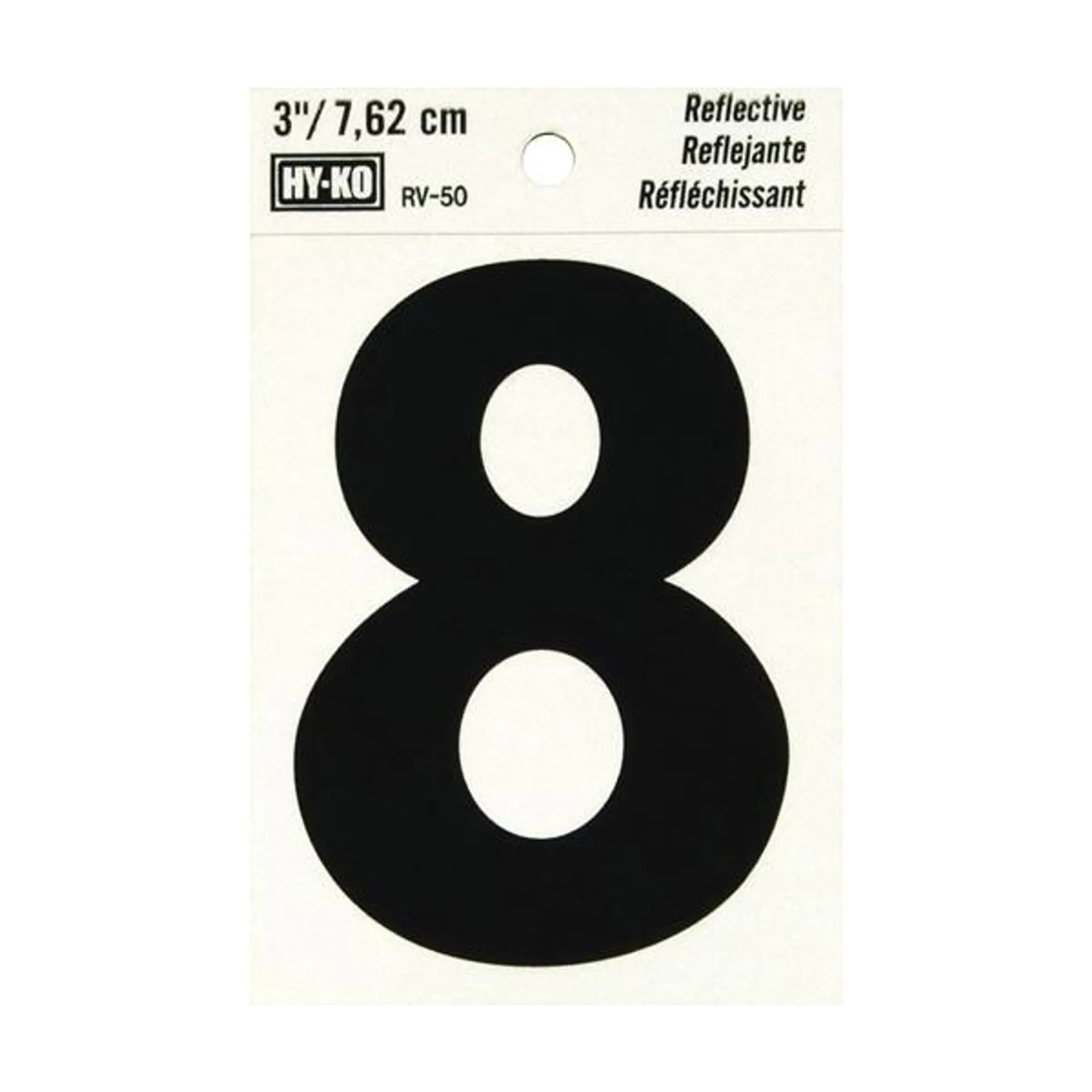 RV-50/8 Reflective Sign, Character: 8, 3 in H Character, Black Character, Silver Background, Vinyl