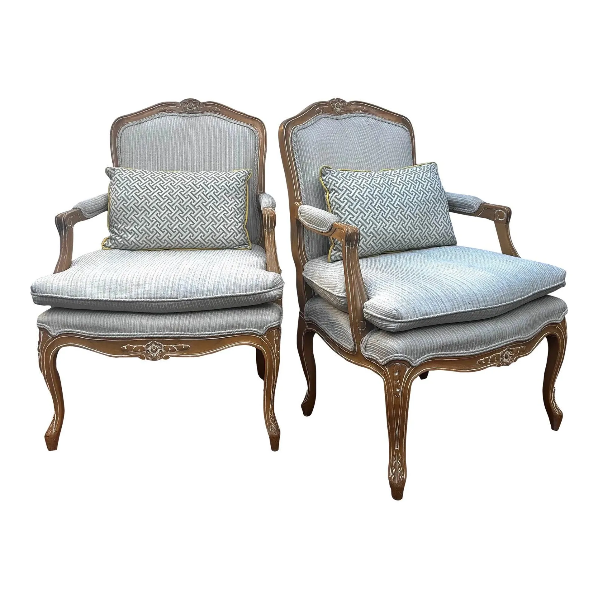 Late 20th Century Paris Pastel Chic French Louis XV Style Fauteuil Armchairs- a Pair