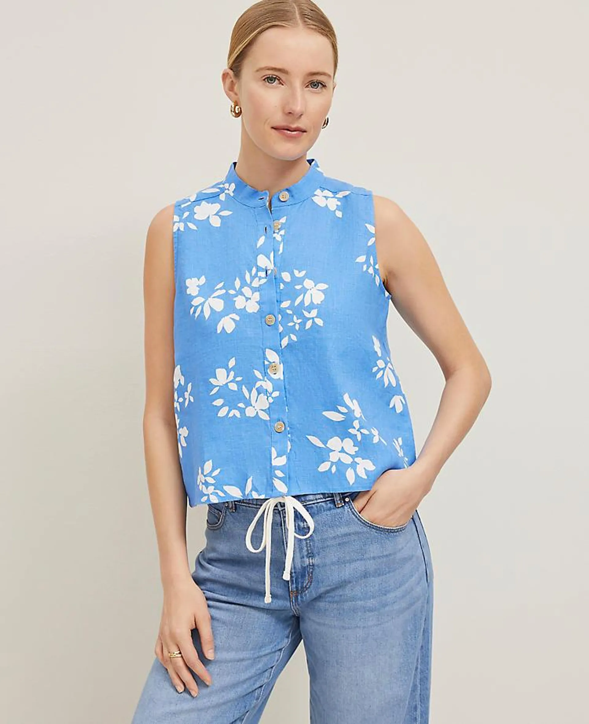 Floral Linen Sleeveless Shirt
