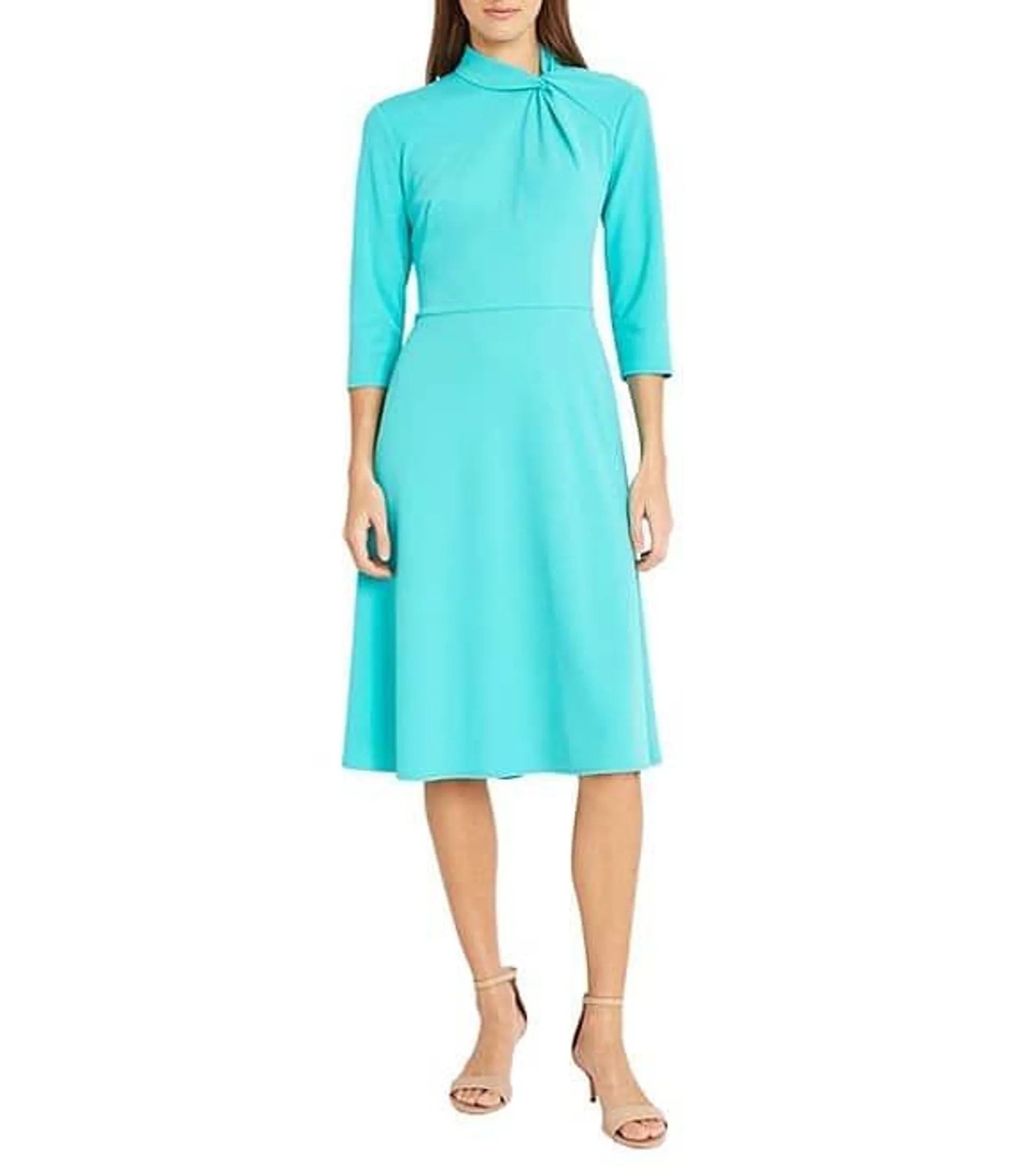 Twisted Mock Neck Stretch Crepe A-Line 3/4 Sleeve Dress