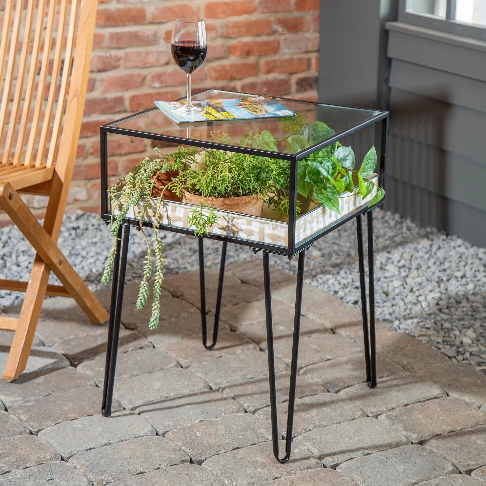 Side Table with Glass Top and Golden Planter Tray