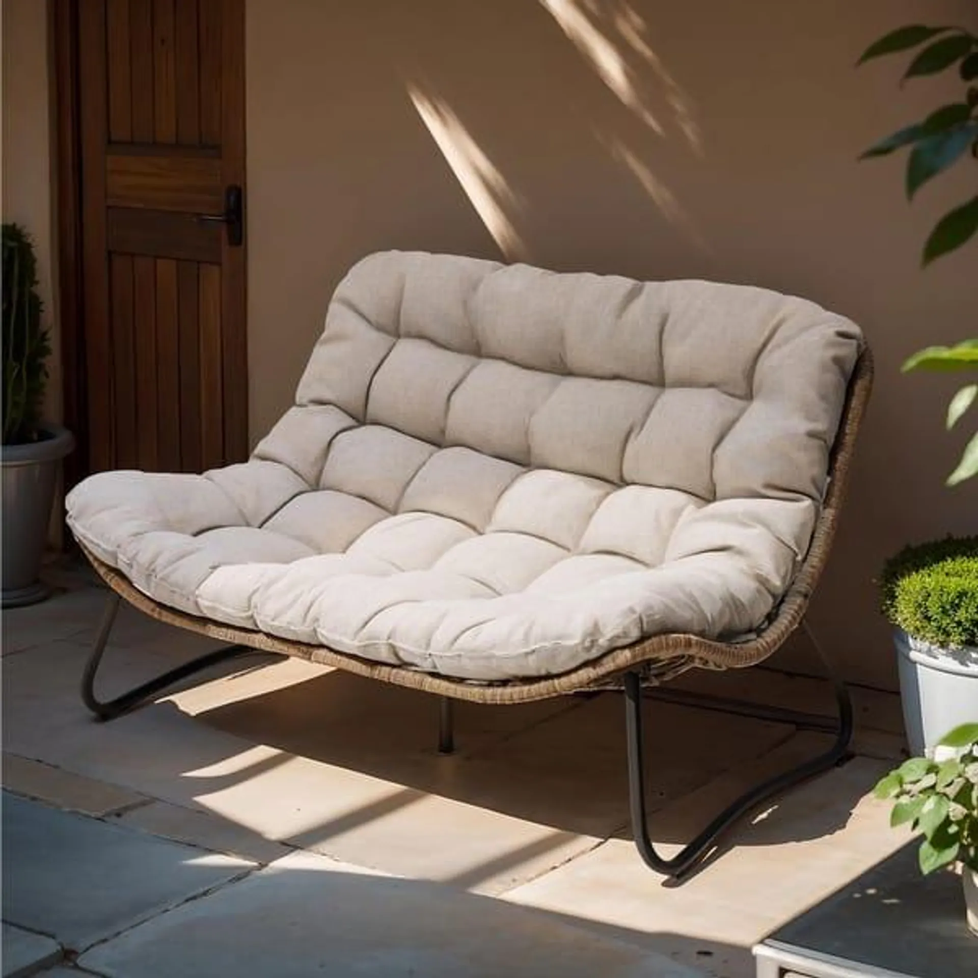 Double Papasan Chair Loveseat with Cushion, All-weather PE Rattan and Metal Frame for Indoor Outdoor